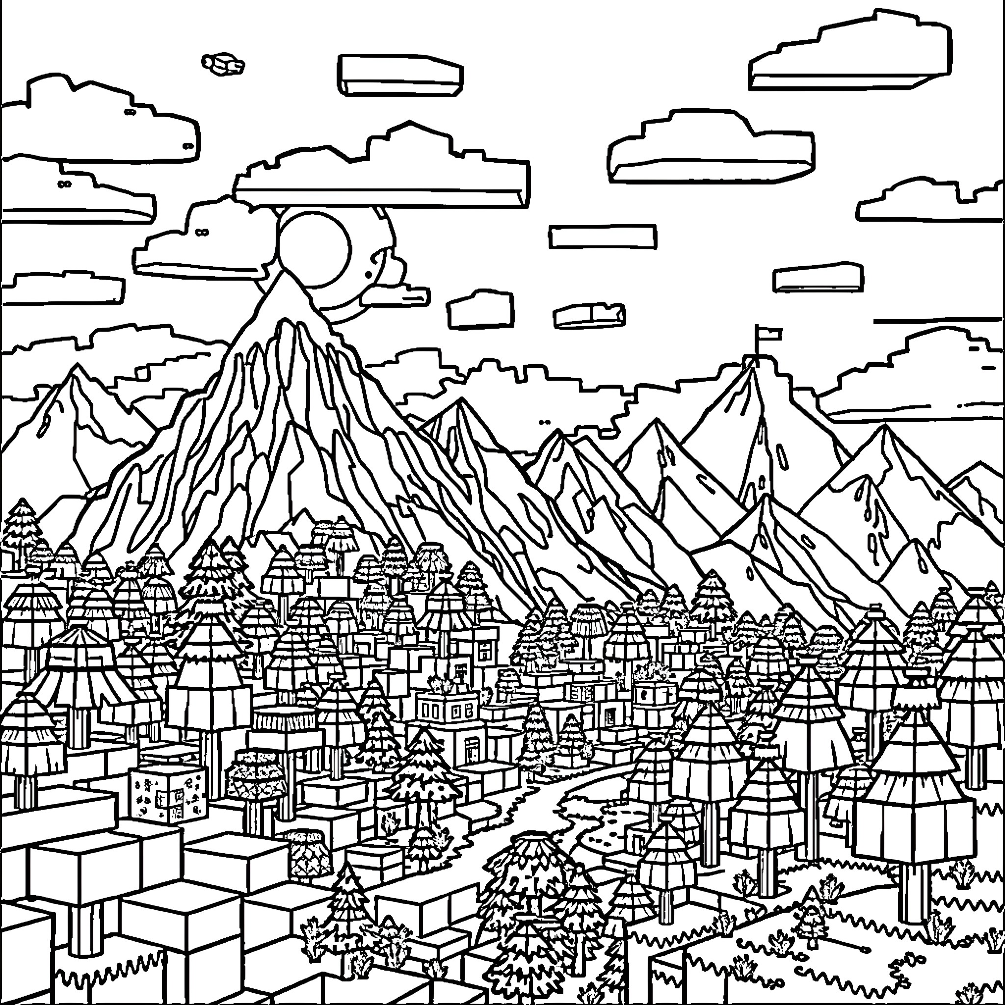 Minecraft Cityscape with Majestic Mountains Coloring Page (free black-and-white line drawing printable PDF for all, from beginners to advanced learners, including children, teens, adults, and seniors)
