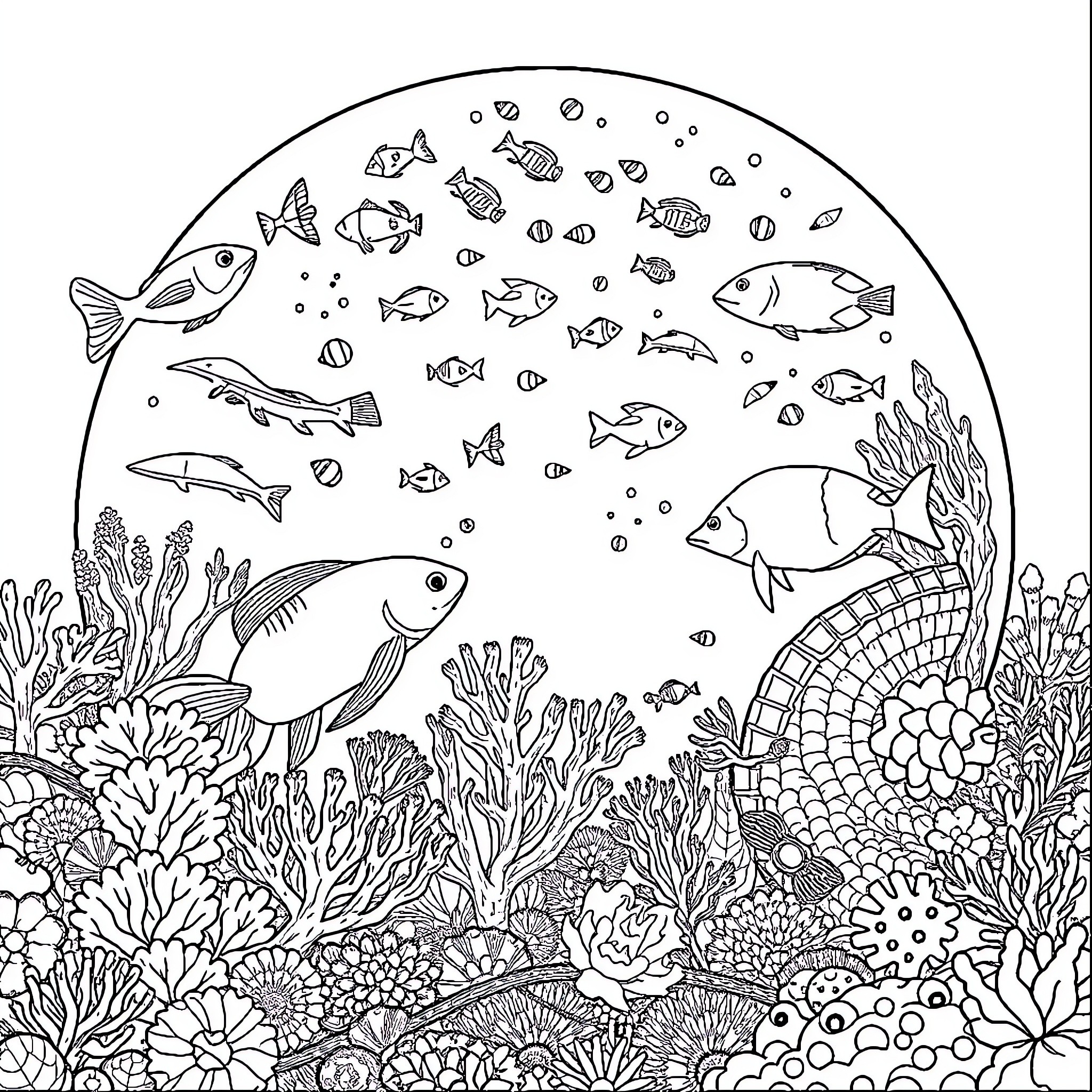 Ocean life with diverse marine creatures Coloring Page (free black-and-white line drawing printable PDF for all, from beginners to advanced learners, including children, teens, adults, and seniors)