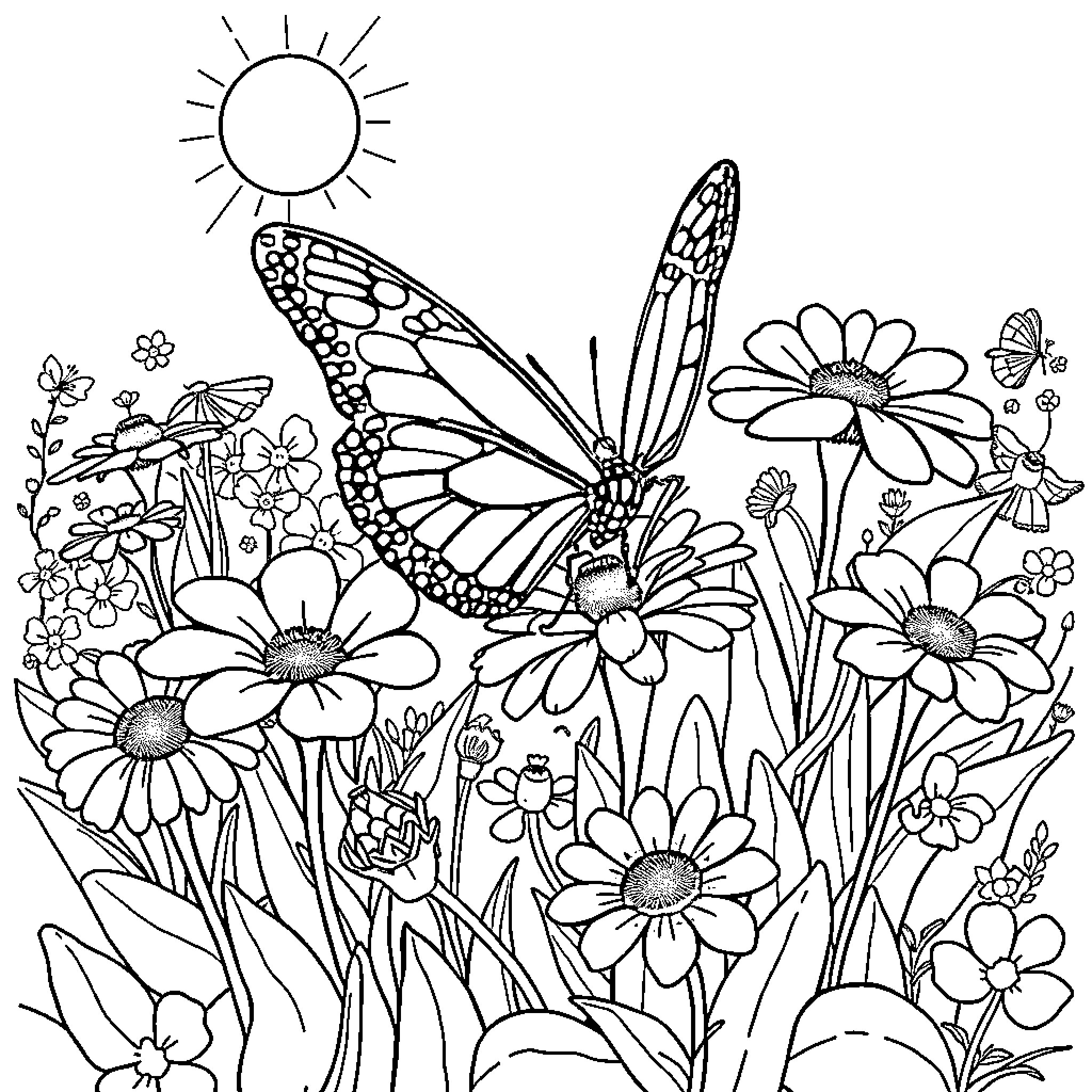 Butterfly enjoying a sunny meadow Coloring Page (free black-and-white line drawing printable PDF for all, from beginners to advanced learners, including children, teens, adults, and seniors)
