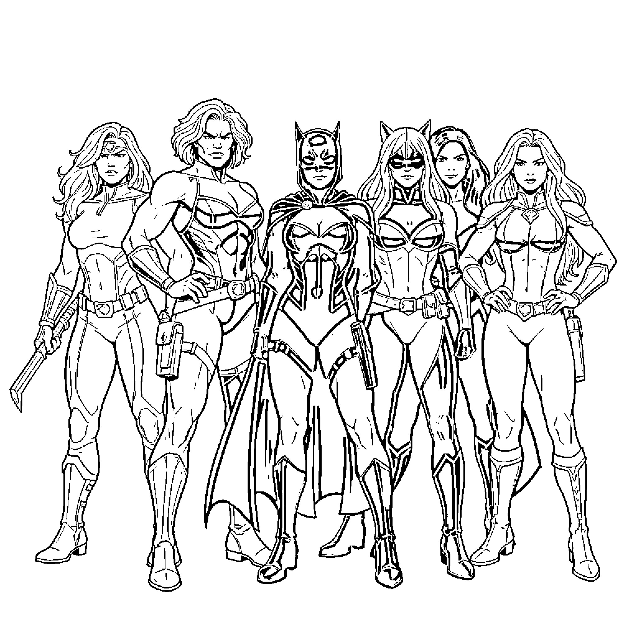 Female Heroes standing together in powerful superhero poses Coloring Page (free black-and-white line drawing printable PDF for all, from beginners to advanced learners, including children, teens, adults, and seniors)