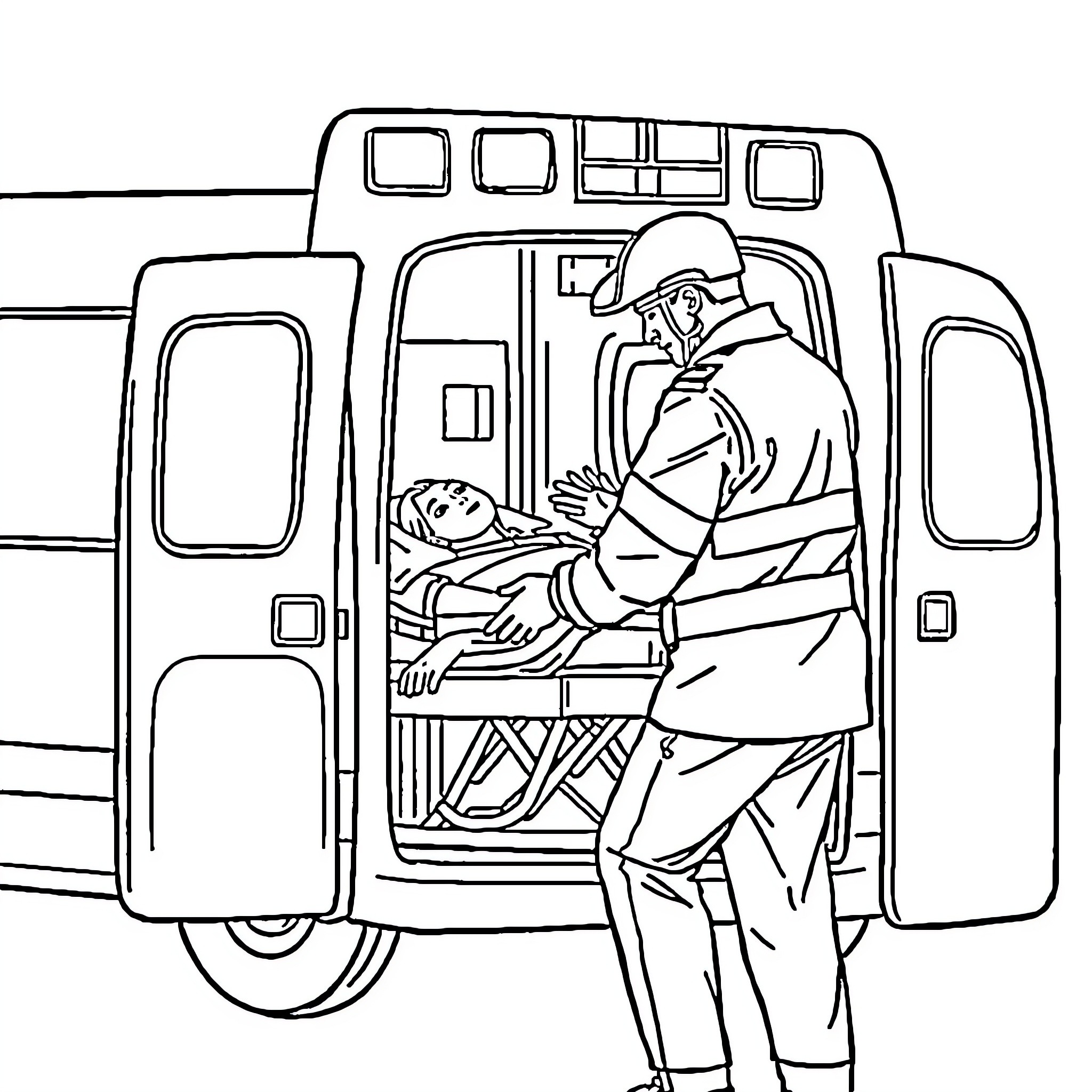 Paramedic assisting injured person in ambulance Coloring Page (free black-and-white line drawing printable PDF for all, from beginners to advanced learners, including children, teens, adults, and seniors)