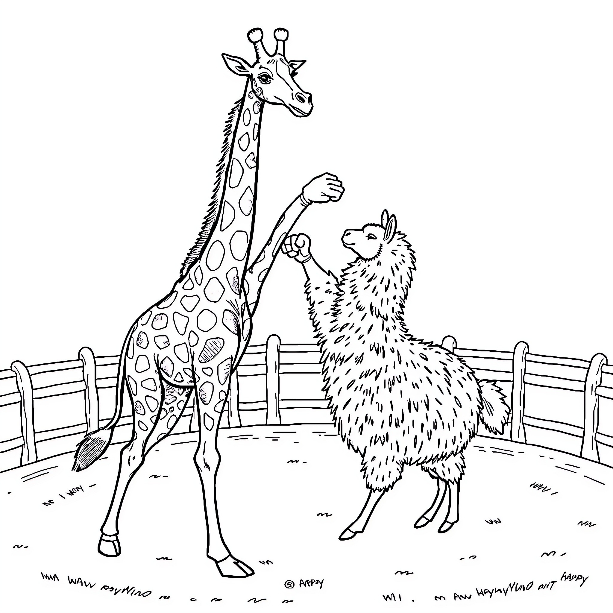 Giraffe and llama interacting at the zoo Coloring Page (free black-and-white line drawing printable PDF for all, from beginners to advanced learners, including children, teens, adults, and seniors)