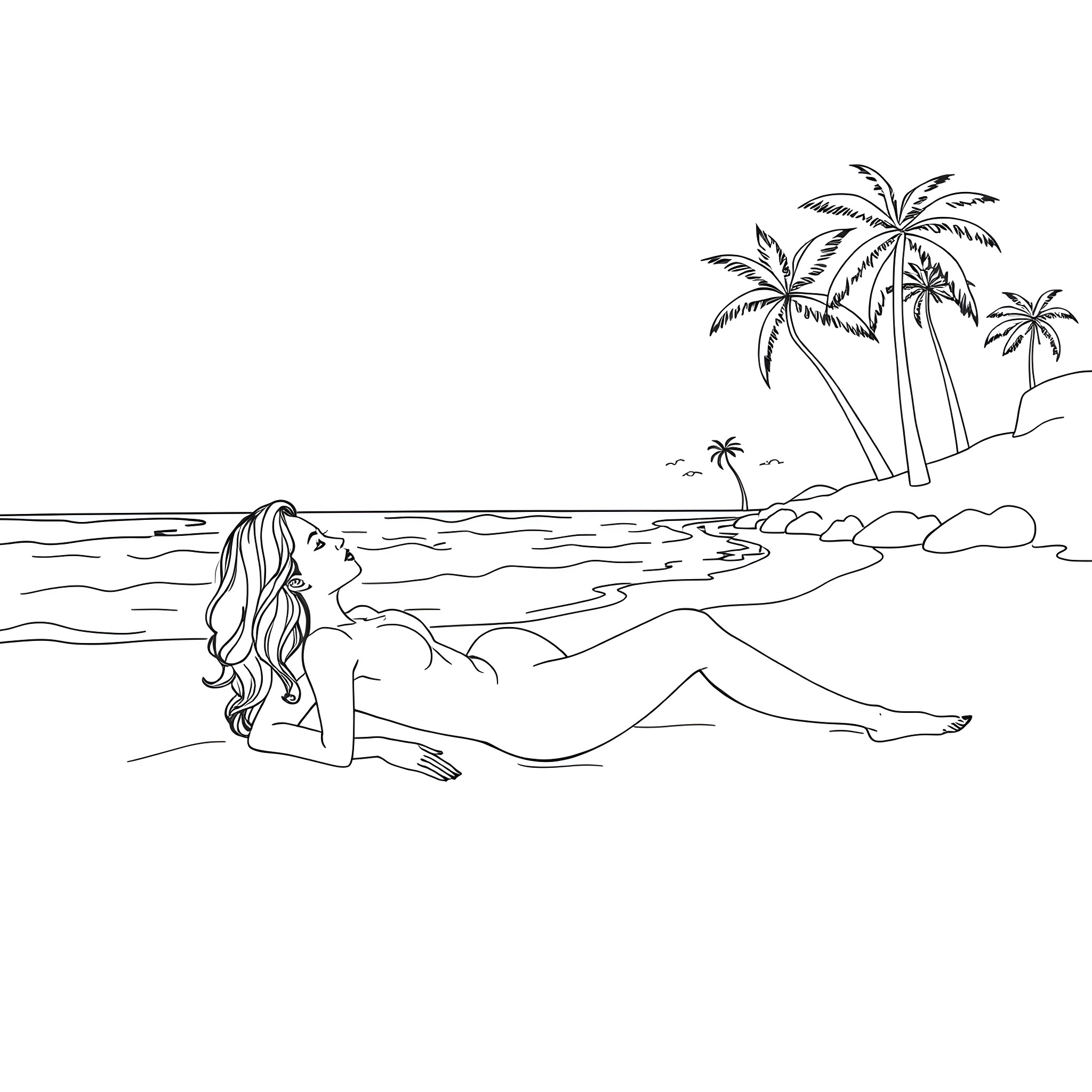 Woman relaxing on tropical beach Coloring Page (free black-and-white line drawing printable PDF for all, from beginners to advanced learners, including children, teens, adults, and seniors)