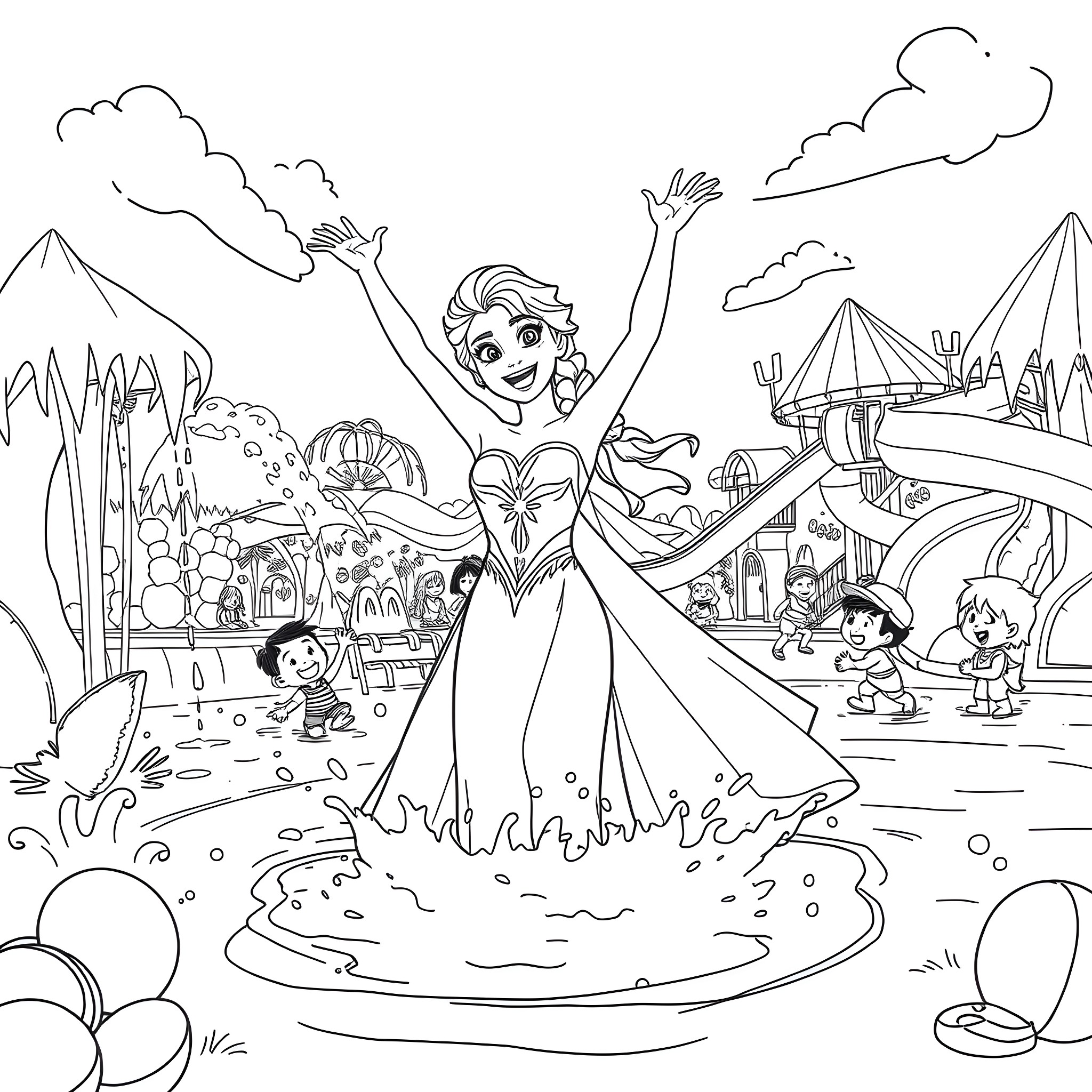 Elsa's Joyful Adventures in the Enchanted Forest Coloring Page (free black-and-white line drawing printable PDF for all, from beginners to advanced learners, including children, teens, adults, and seniors)