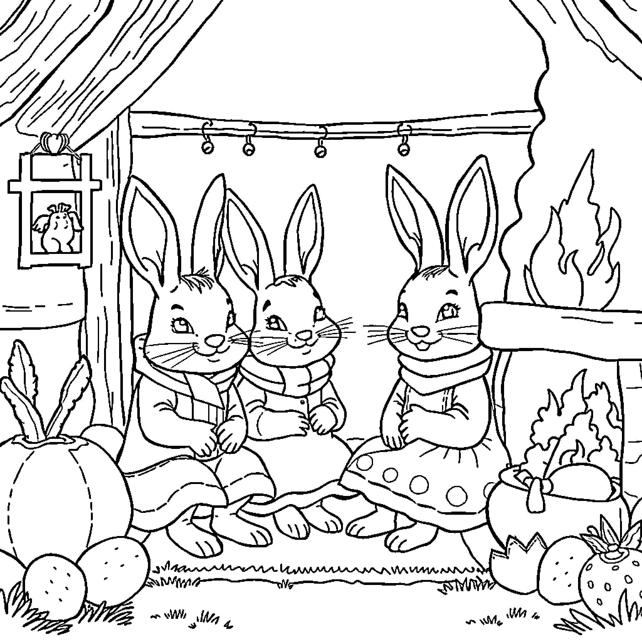 Bunny friends enjoying a cozy afternoon Coloring Page (free black-and-white line drawing printable PDF for all, from beginners to advanced learners, including children, teens, adults, and seniors)