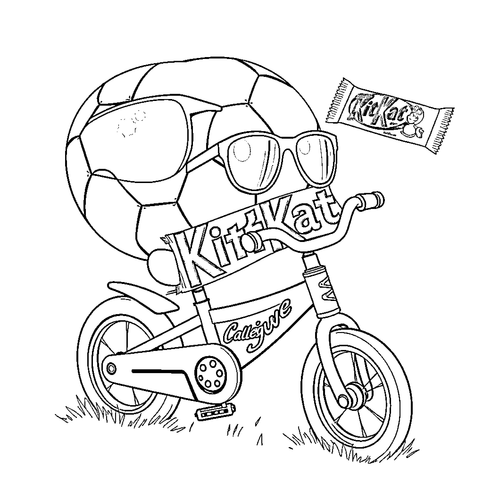 Soccer Ball with Kid's Bicycle and Snacks Coloring Page (free black-and-white line drawing printable PDF for all, from beginners to advanced learners, including children, teens, adults, and seniors)