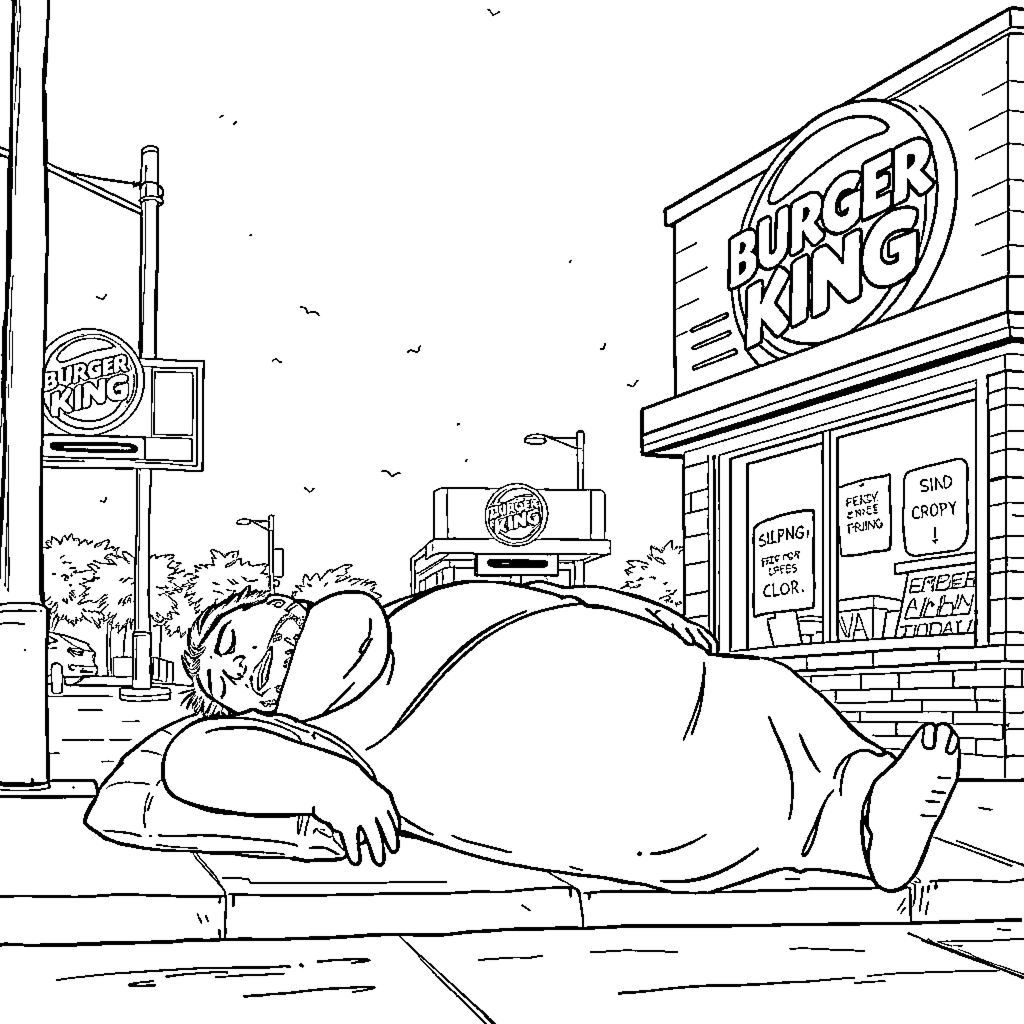 Fatman sleeping outside Burger King Coloring Page (free black-and-white line drawing printable PDF for all, from beginners to advanced learners, including children, teens, adults, and seniors)
