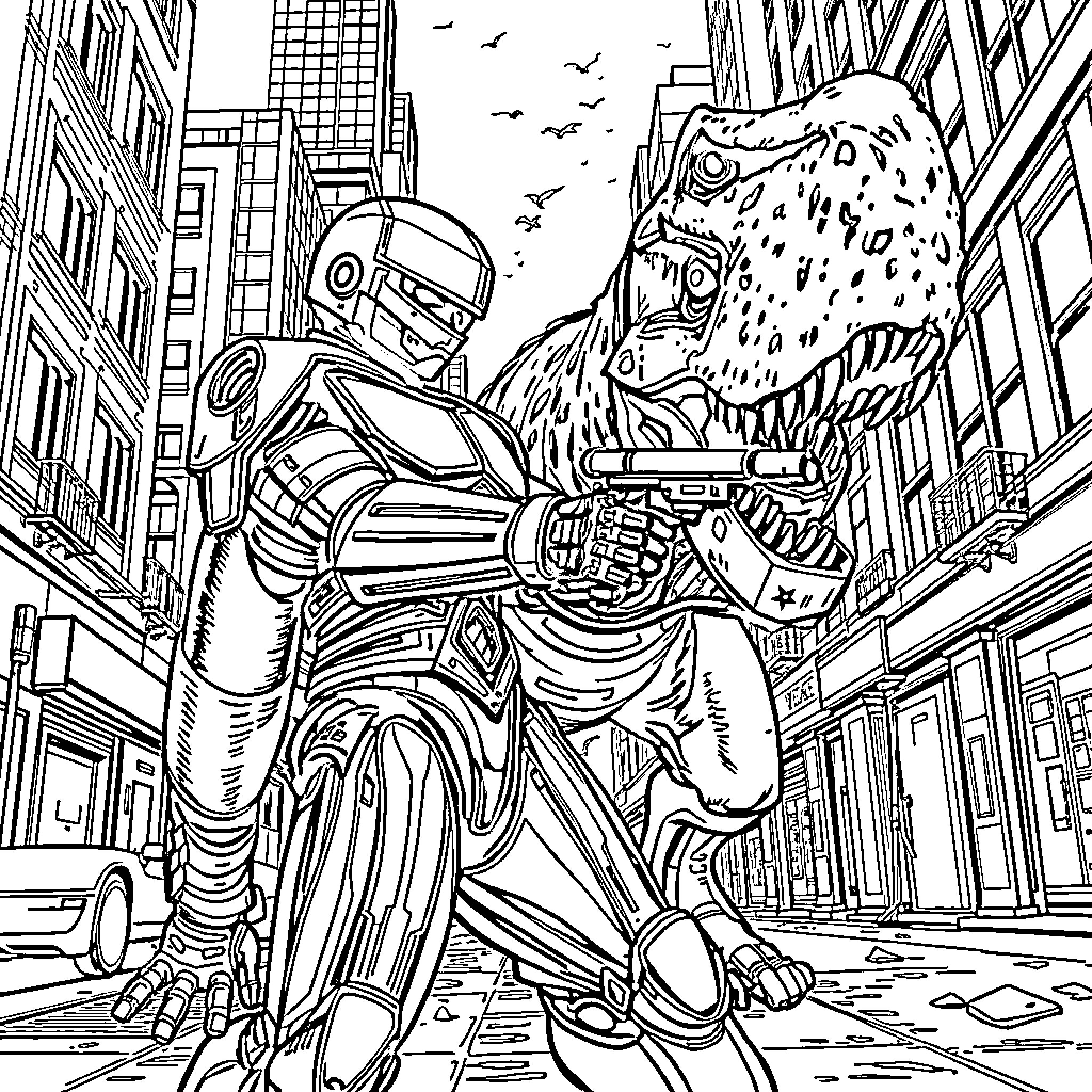 Robocop battles a giant dinosaur in the city Coloring Page (free black-and-white line drawing printable PDF for all, from beginners to advanced learners, including children, teens, adults, and seniors)