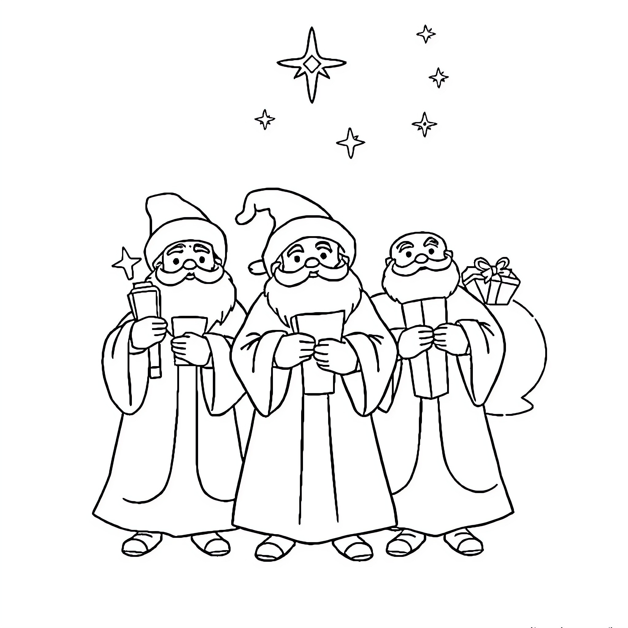 Nativity scene with smiling wise men Coloring Page (free black-and-white line drawing printable PDF for all, from beginners to advanced learners, including children, teens, adults, and seniors)