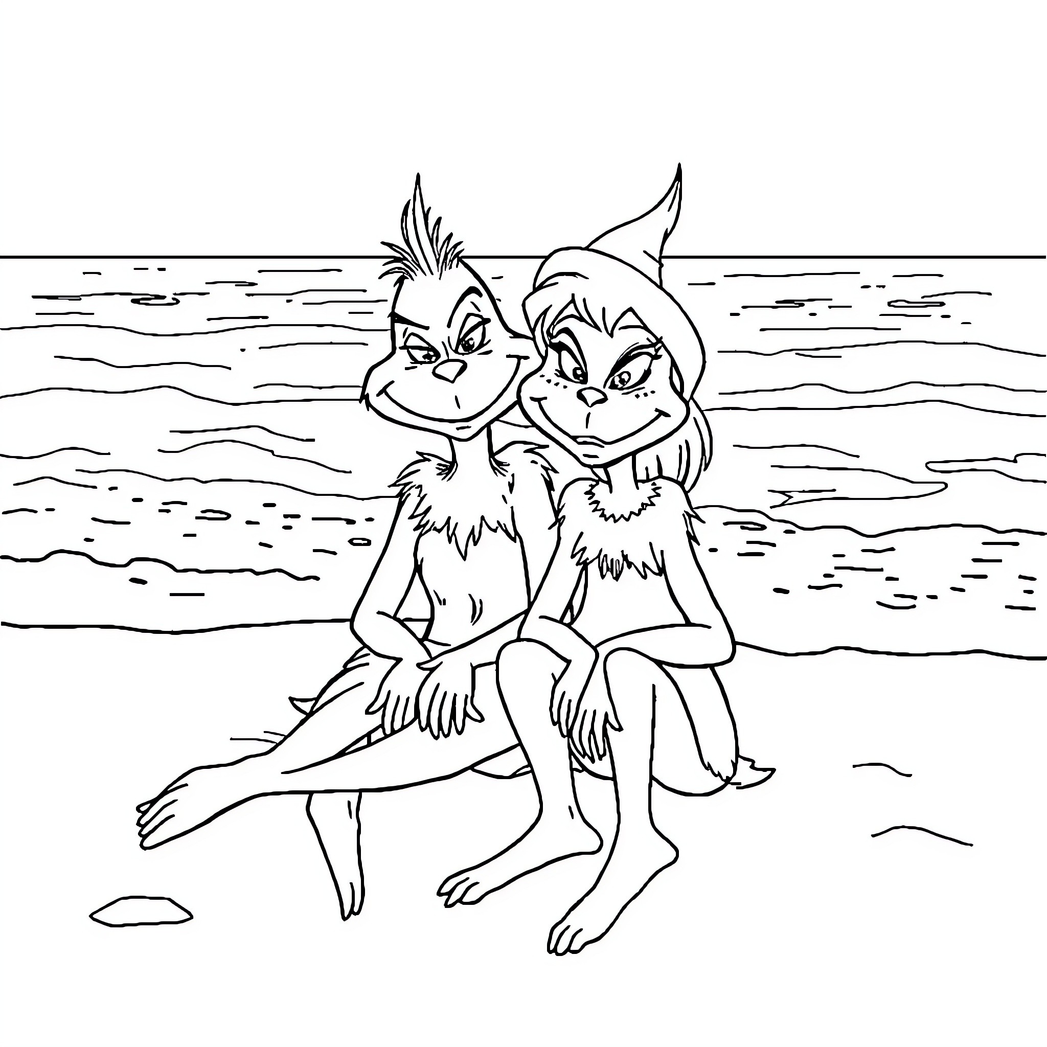 Grinch characters relaxing on the beach Coloring Page (free black-and-white line drawing printable PDF for all, from beginners to advanced learners, including children, teens, adults, and seniors)