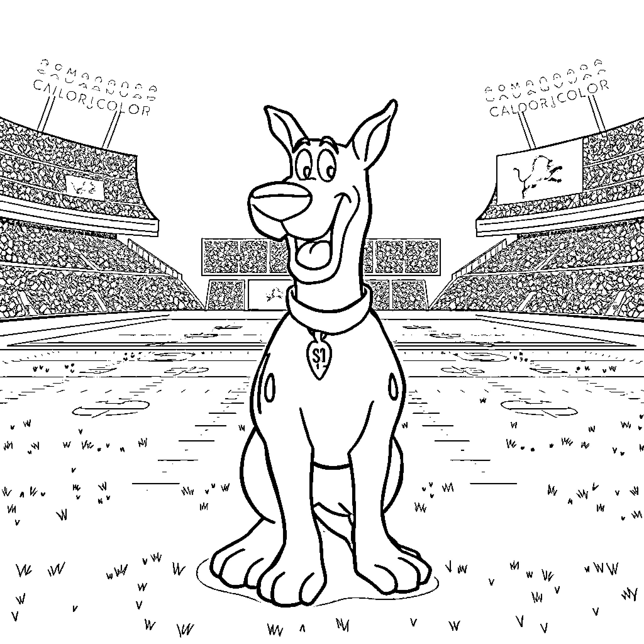 Scooby Doo in a Colorful Stadium Coloring Page (free black-and-white line drawing printable PDF for all, from beginners to advanced learners, including children, teens, adults, and seniors)