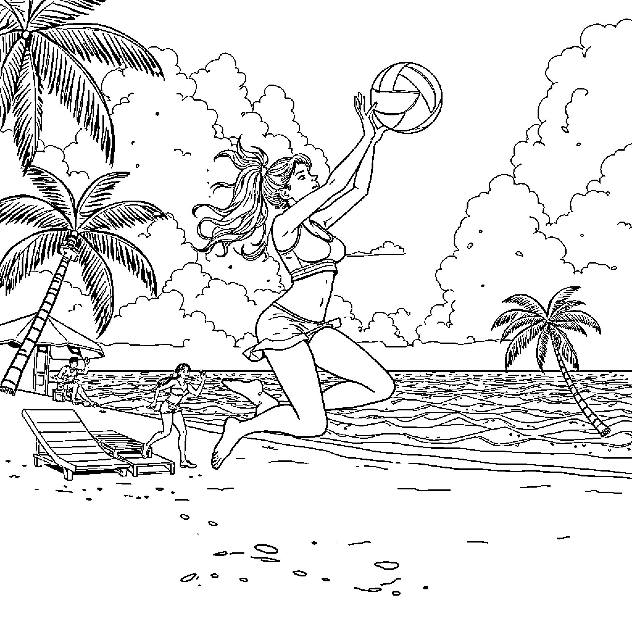 Manga Woman Playing Volleyball on the Beach Coloring Page (free black-and-white line drawing printable PDF for all, from beginners to advanced learners, including children, teens, adults, and seniors)