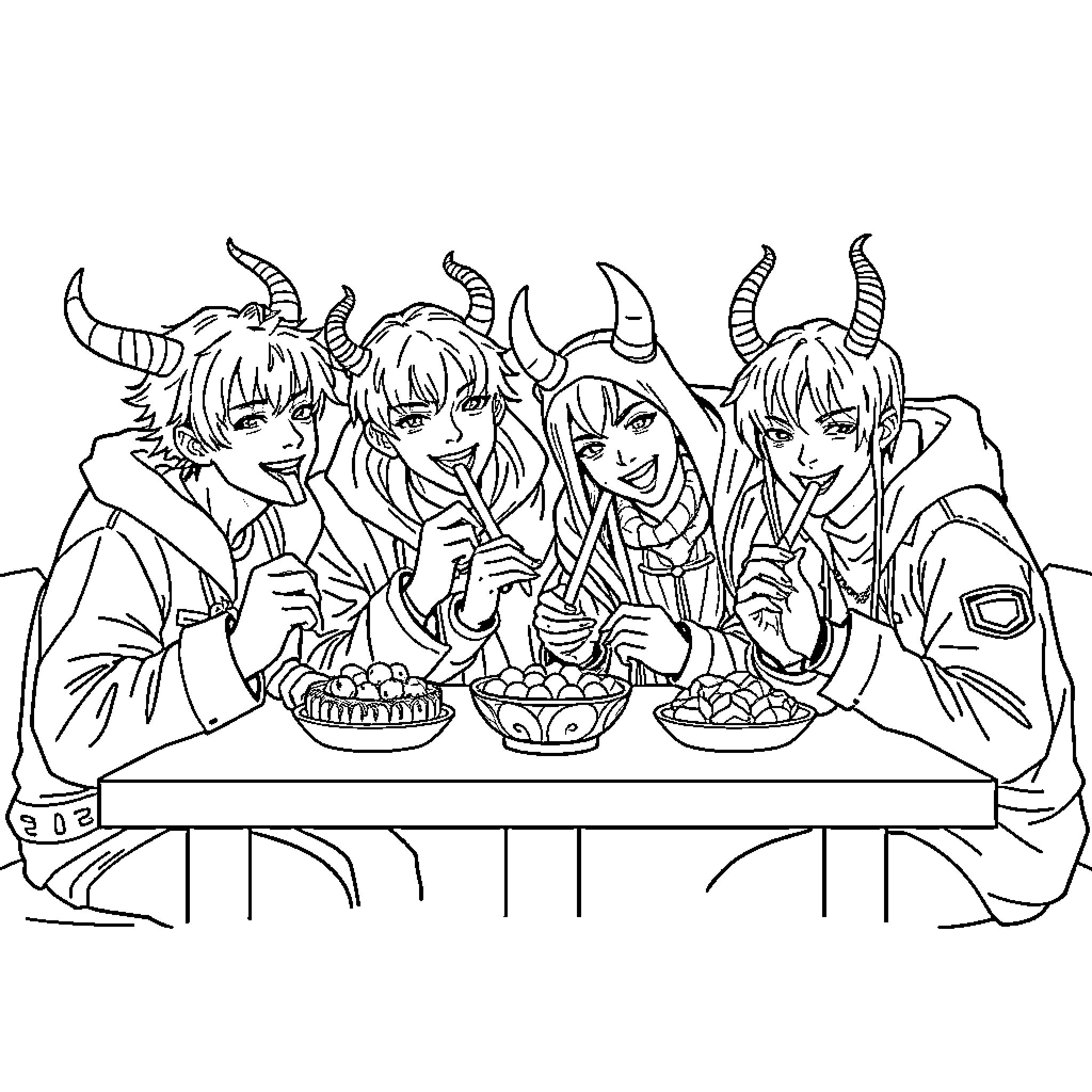 Demon Hunters Feasting Together Coloring Page (free black-and-white line drawing printable PDF for all, from beginners to advanced learners, including children, teens, adults, and seniors)