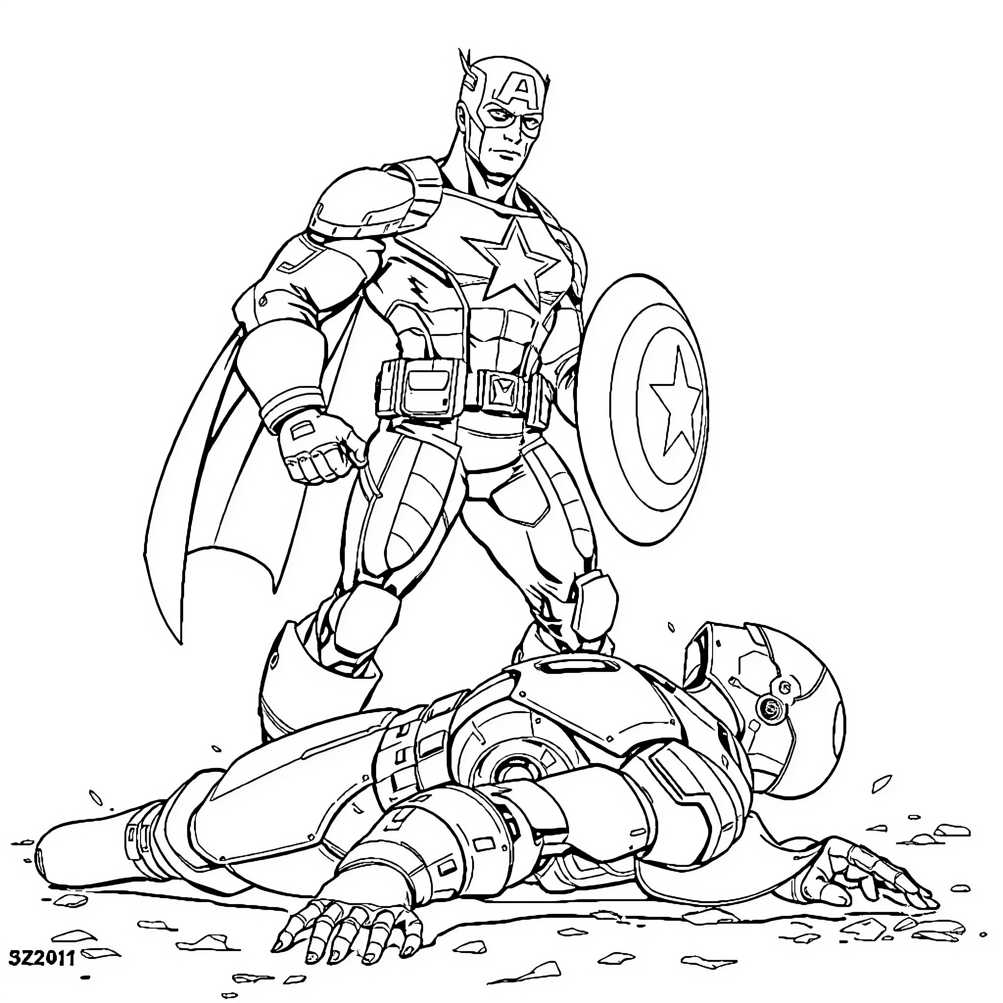 Captain America Defeating Villain in Intense Combat Coloring Page (free black-and-white line drawing printable PDF for all, from beginners to advanced learners, including children, teens, adults, and seniors)