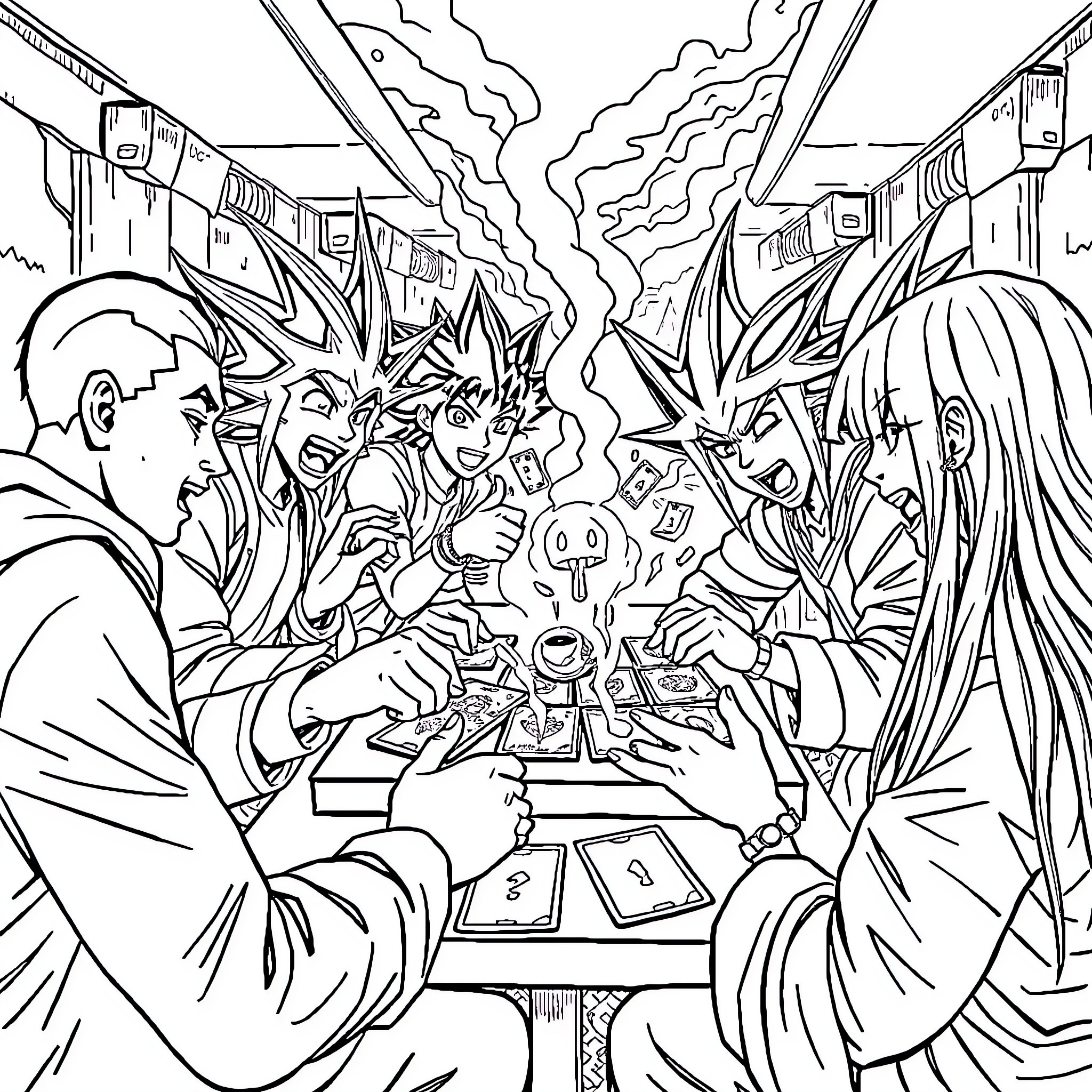 Yugioh Characters Engaged in Intense Duel Coloring Page (free black-and-white line drawing printable PDF for all, from beginners to advanced learners, including children, teens, adults, and seniors)