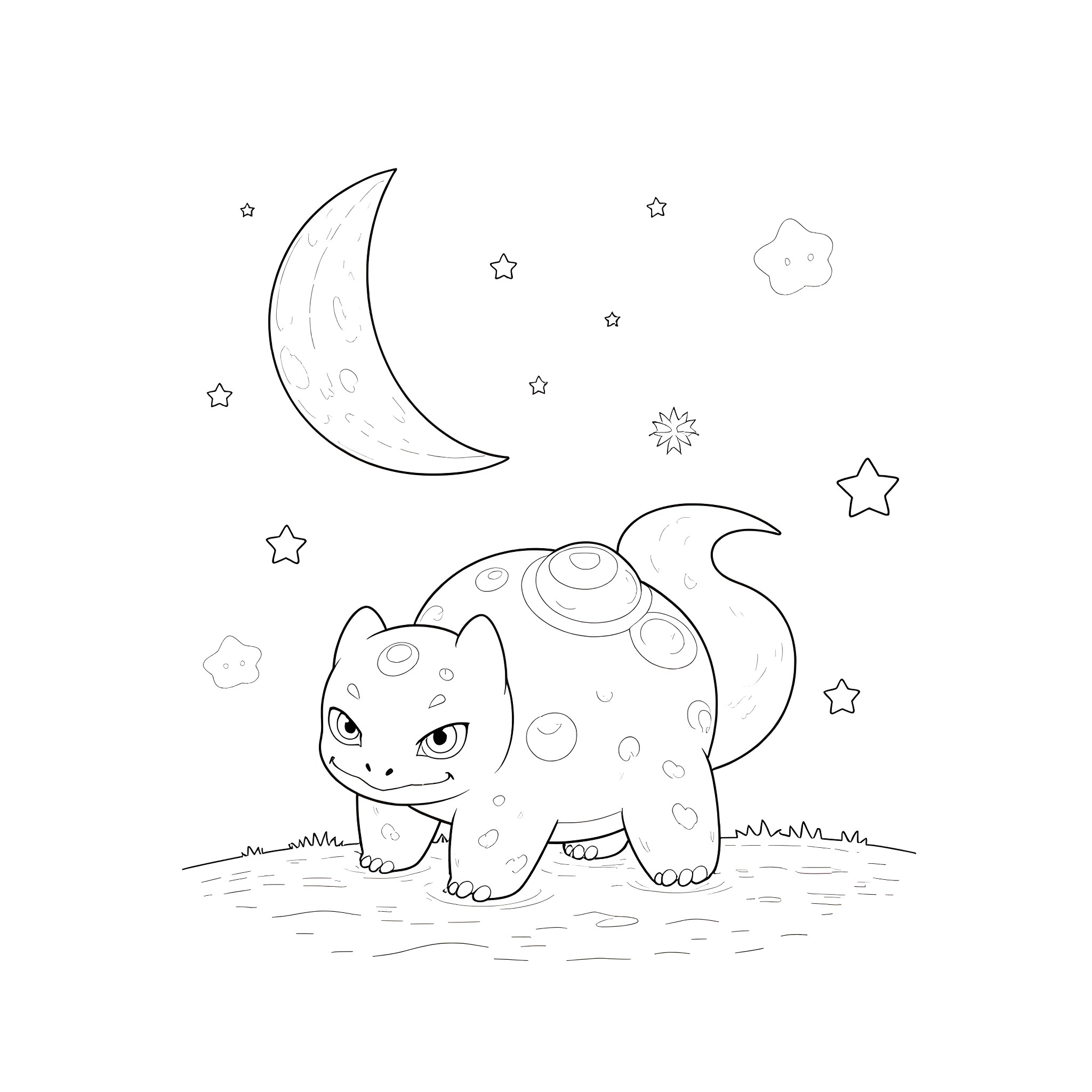 Bulbasaur gazing at the starry night sky Coloring Page (free black-and-white line drawing printable PDF for all, from beginners to advanced learners, including children, teens, adults, and seniors)
