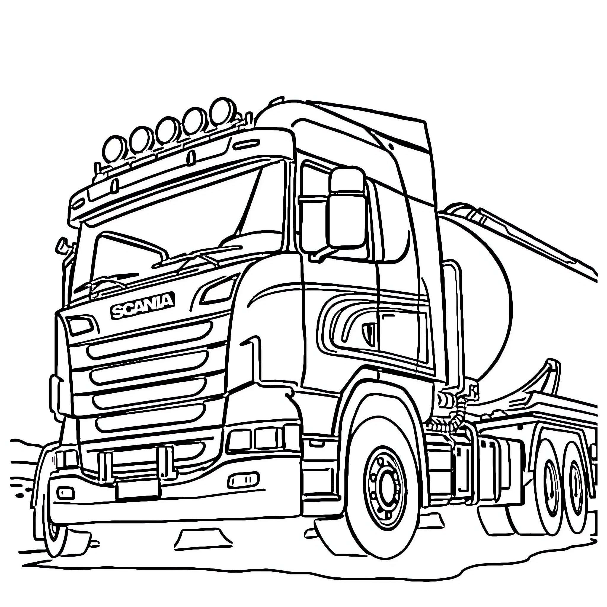 Scania heavy-duty truck on the road Coloring Page (free black-and-white line drawing printable PDF for all, from beginners to advanced learners, including children, teens, adults, and seniors)