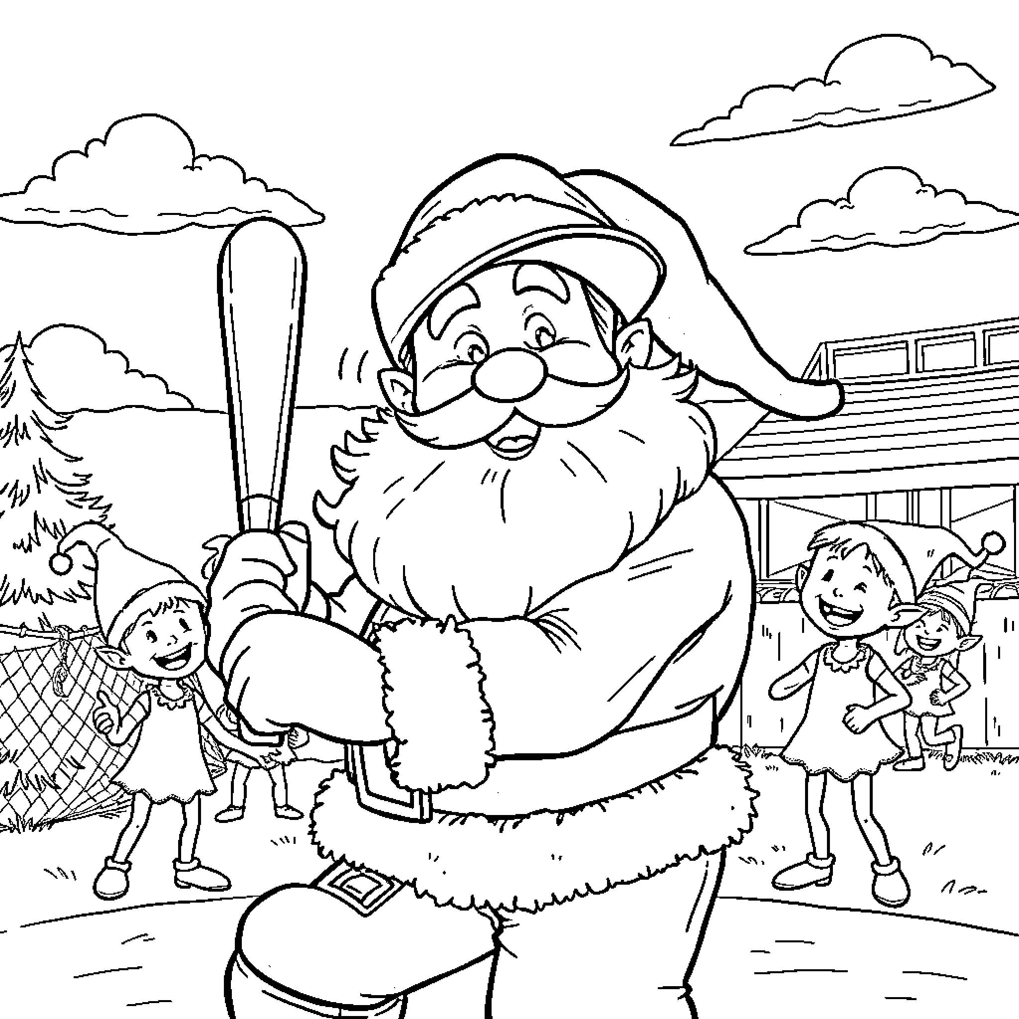 Santa enjoys outdoor fun with children Coloring Page (free black-and-white line drawing printable PDF for all, from beginners to advanced learners, including children, teens, adults, and seniors)