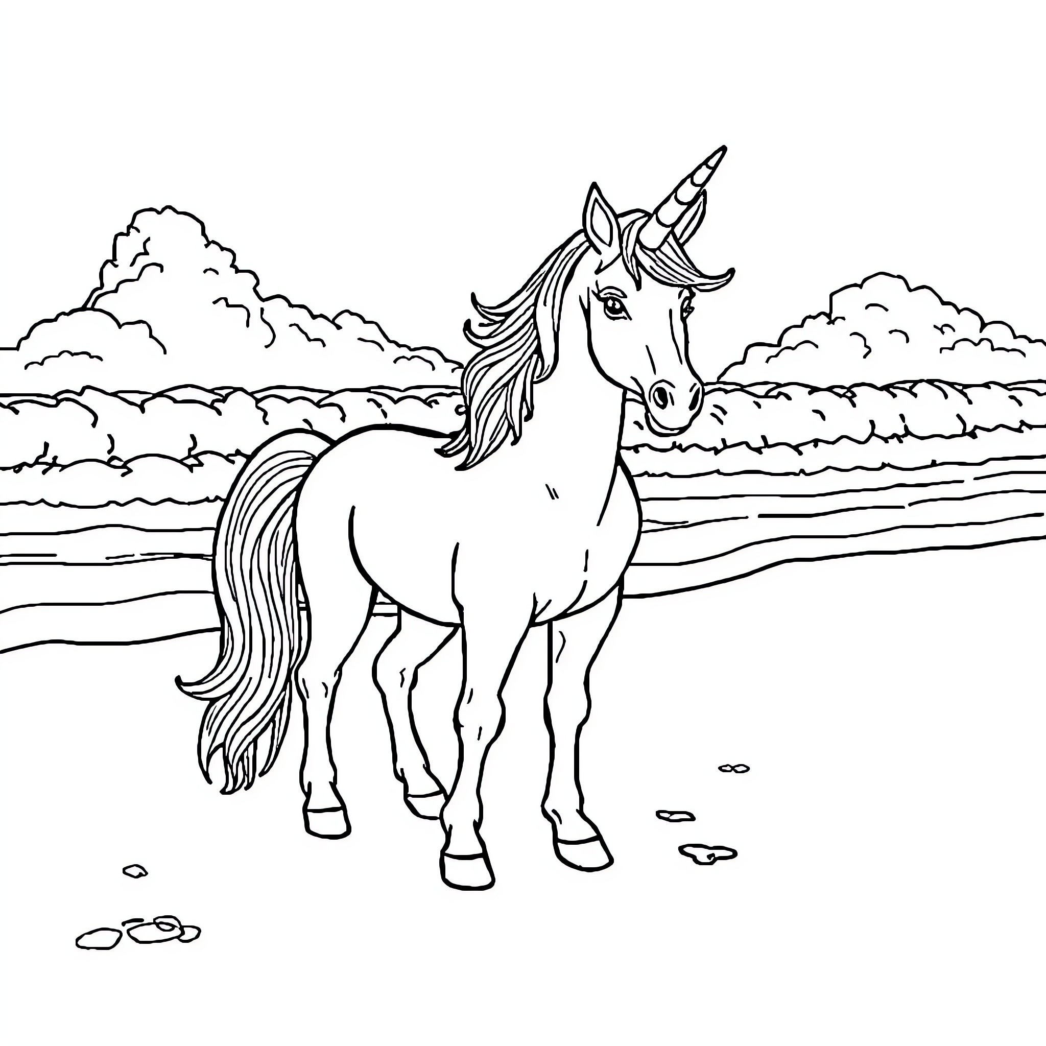 Unicorn standing proudly in the countryside Coloring Page (free black-and-white line drawing printable PDF for all, from beginners to advanced learners, including children, teens, adults, and seniors)