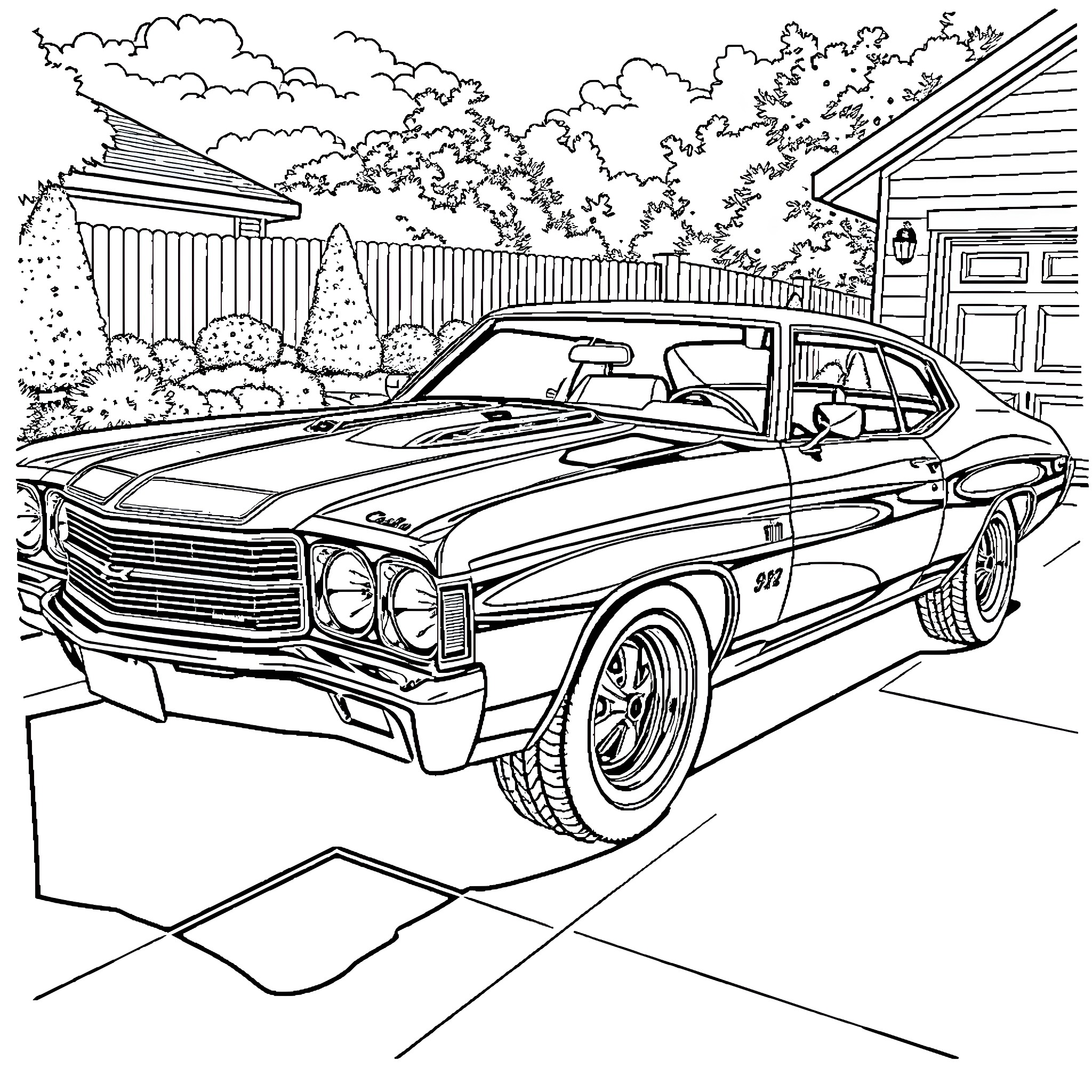 Chevelle Muscle Car in Idyllic Suburban Setting Coloring Page (free black-and-white line drawing printable PDF for all, from beginners to advanced learners, including children, teens, adults, and seniors)