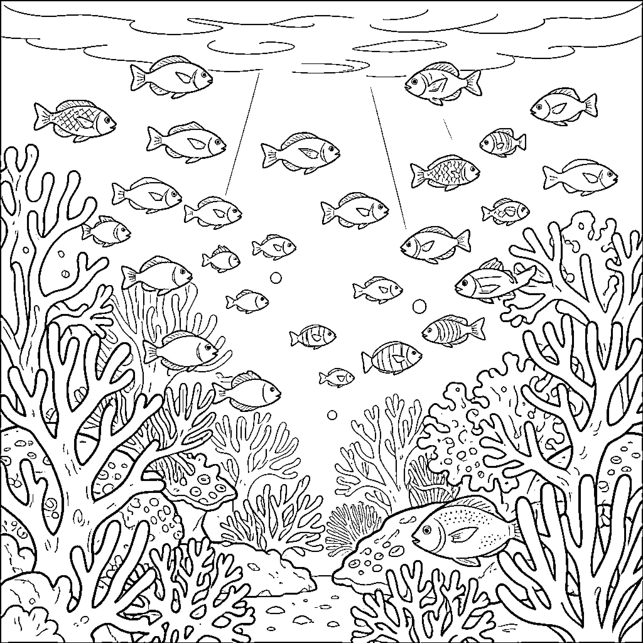 Coral reef scene with many fish swimming together Coloring Page (free black-and-white line drawing printable PDF for all, from beginners to advanced learners, including children, teens, adults, and seniors)