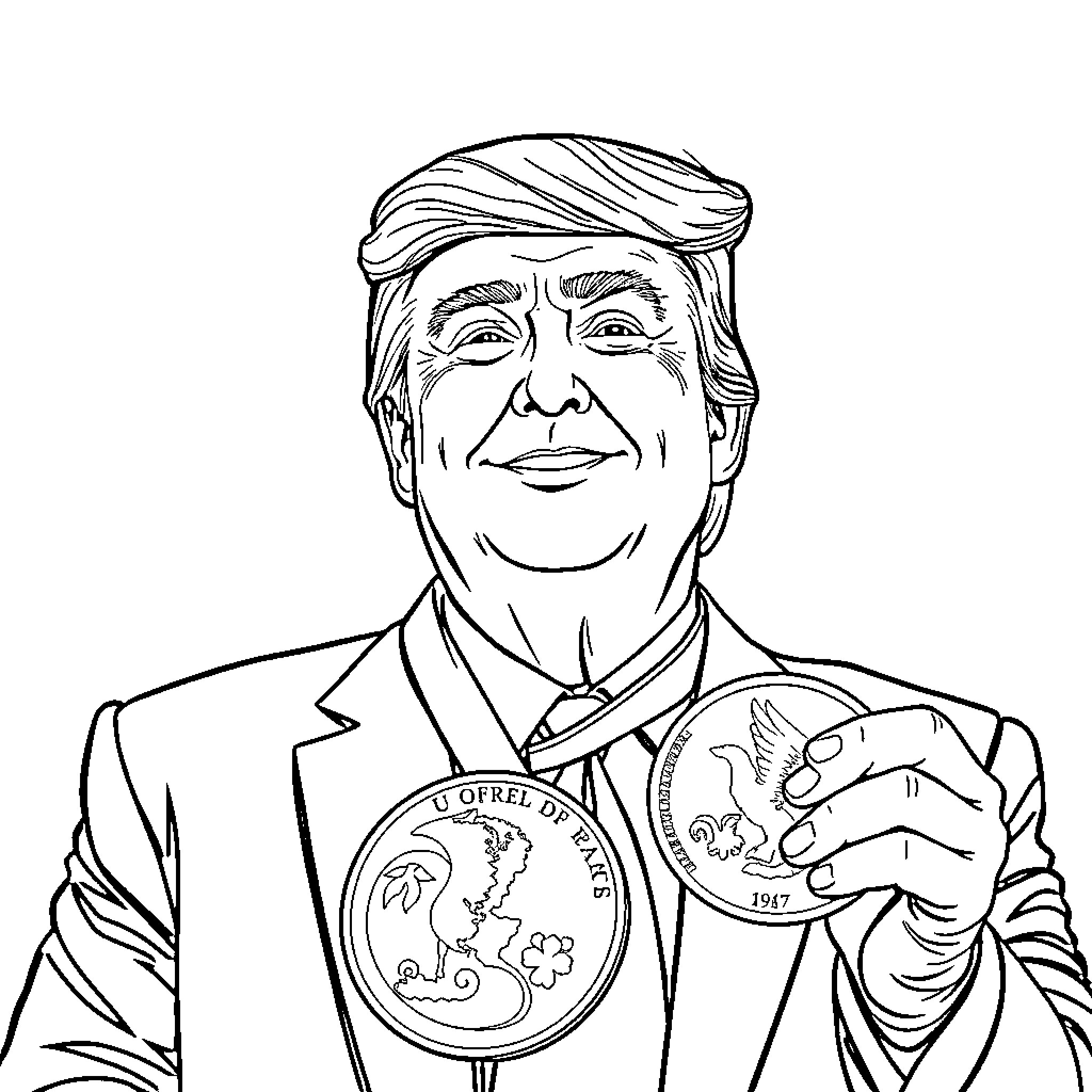Donald Trump holding a presidential medal Coloring Page (free black-and-white line drawing printable PDF for all, from beginners to advanced learners, including children, teens, adults, and seniors)