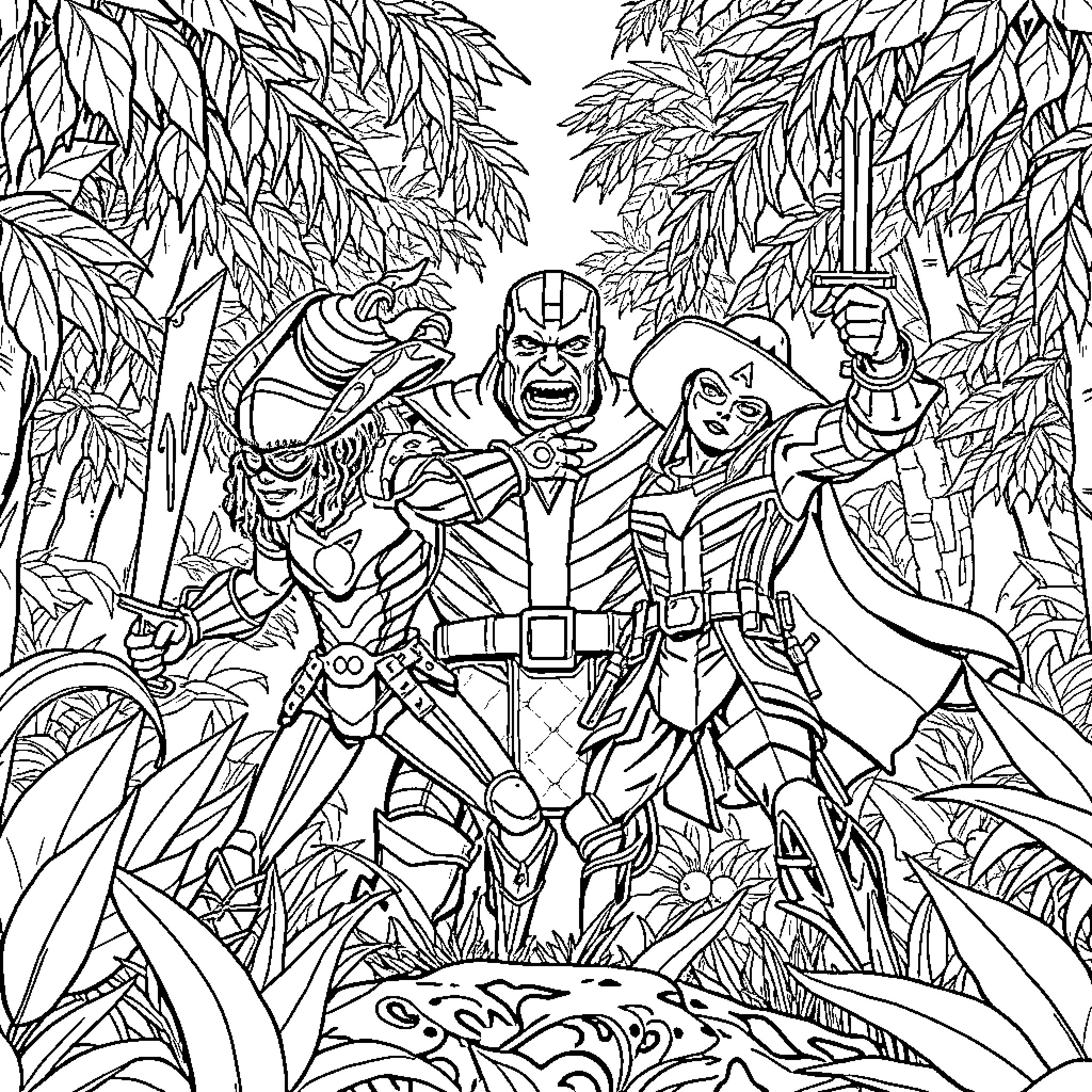 Avengers Assemble in Lush Jungle Setting Coloring Page (free black-and-white line drawing printable PDF for all, from beginners to advanced learners, including children, teens, adults, and seniors)