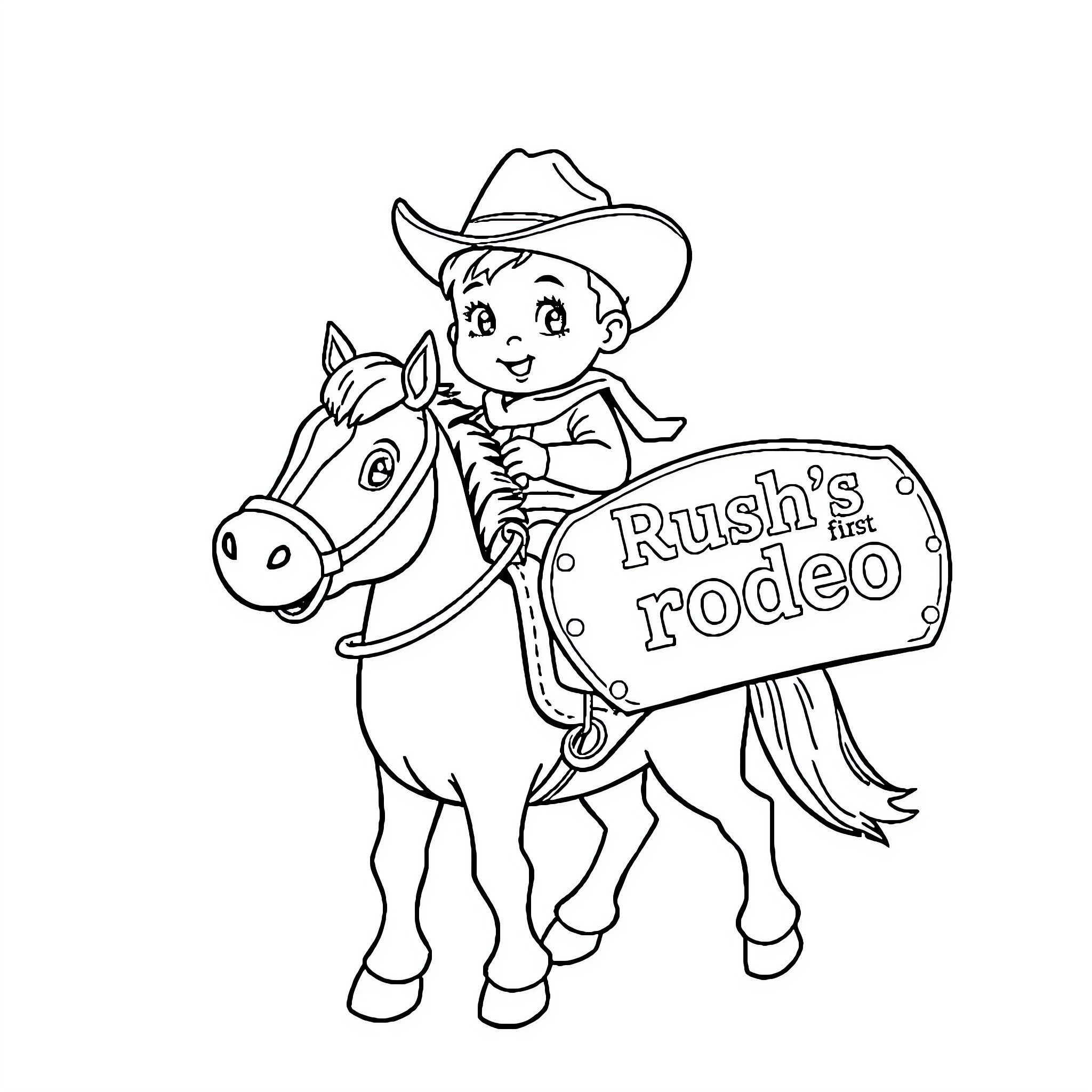 Cowboy riding horse at Rush's rodeo Coloring Page (free black-and-white line drawing printable PDF for all, from beginners to advanced learners, including children, teens, adults, and seniors)