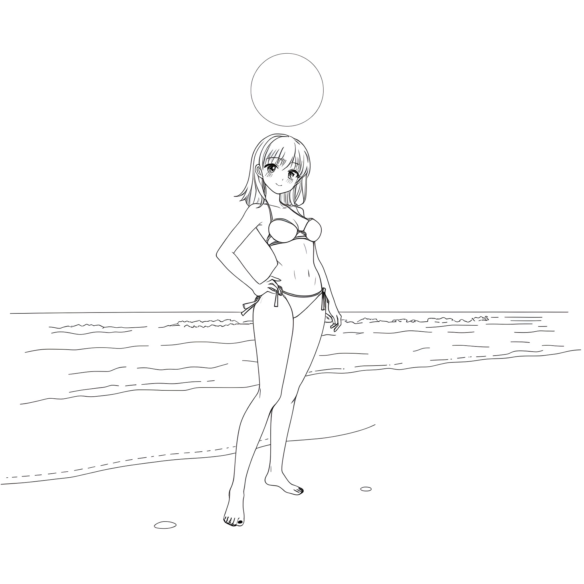 Anime Girl in Swimsuit by the Beach Coloring Page (free black-and-white line drawing printable PDF for all, from beginners to advanced learners, including children, teens, adults, and seniors)