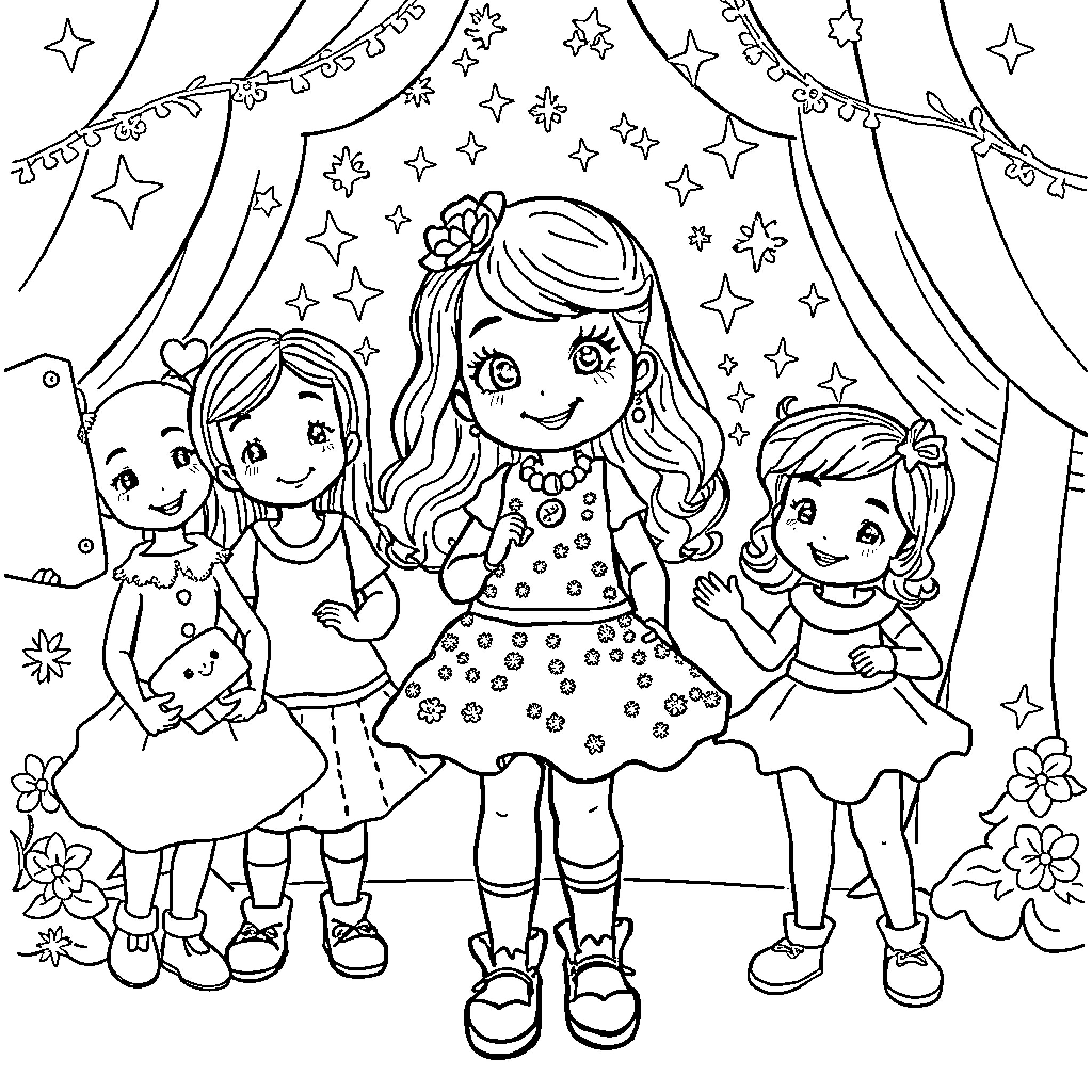 Nancy and her friends in a magical fairy tale setting Coloring Page (free black-and-white line drawing printable PDF for all, from beginners to advanced learners, including children, teens, adults, and seniors)