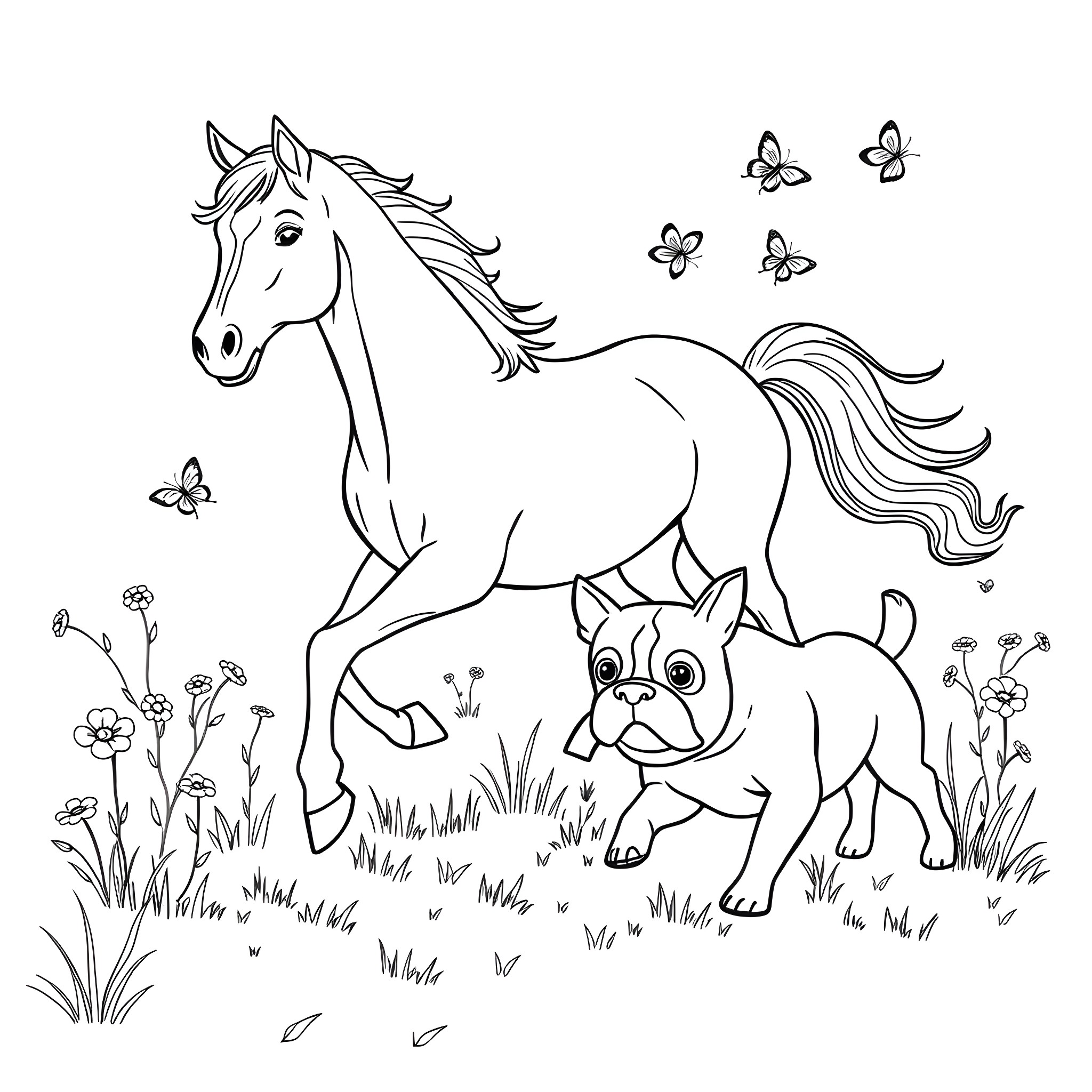 Horse and playful puppy among butterflies in the meadow Coloring Page (free black-and-white line drawing printable PDF for all, from beginners to advanced learners, including children, teens, adults, and seniors)