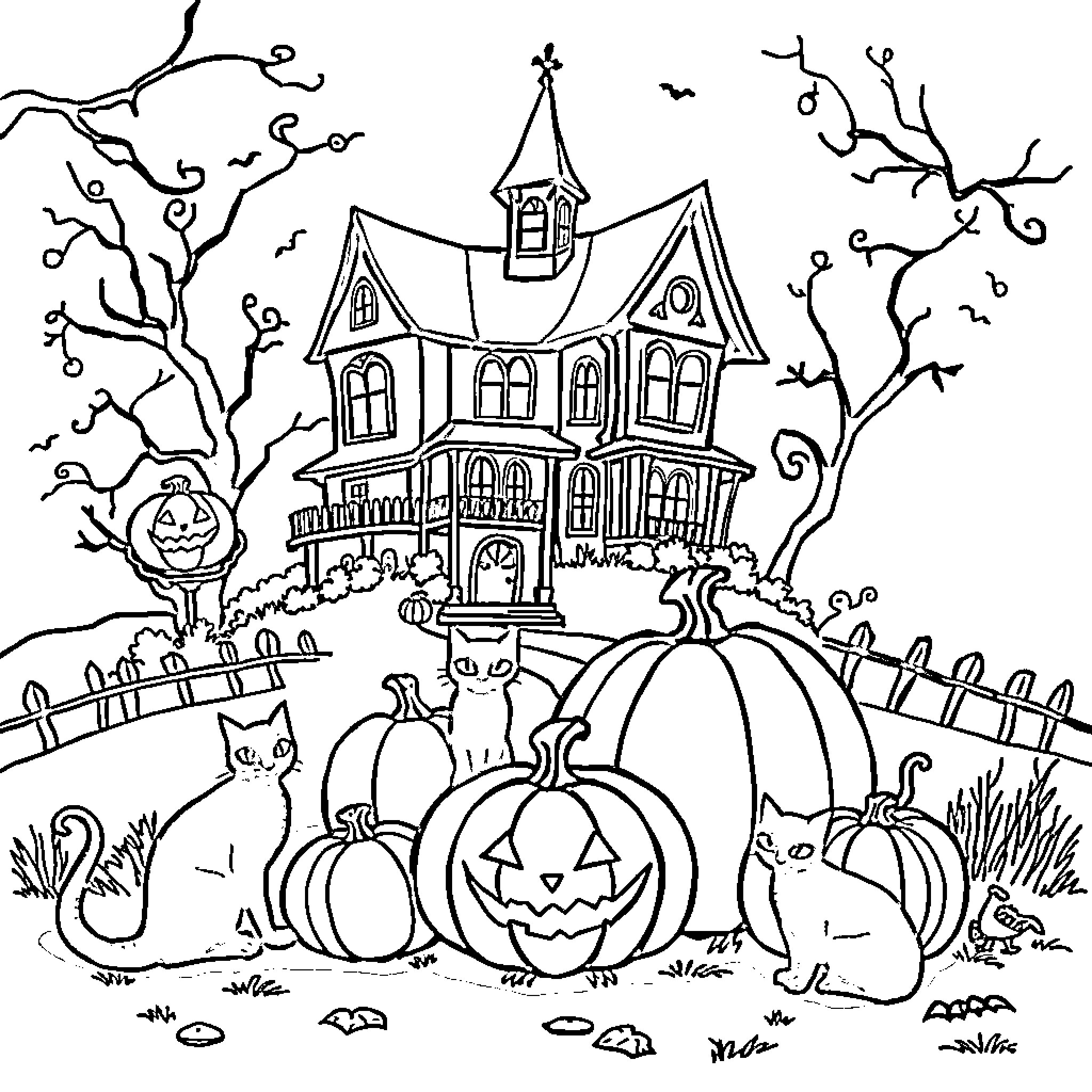Pumpkins, Cats, and a Haunted House Coloring Page (free black-and-white line drawing printable PDF for all, from beginners to advanced learners, including children, teens, adults, and seniors)
