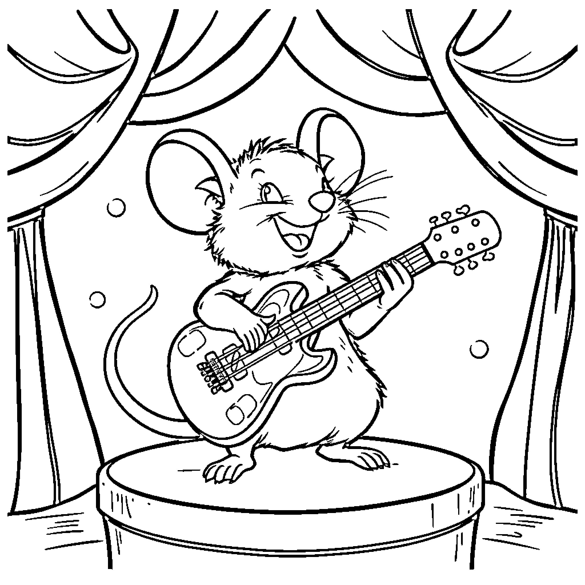 Mouse playing guitar on stage Coloring Page (free black-and-white line drawing printable PDF for all, from beginners to advanced learners, including children, teens, adults, and seniors)