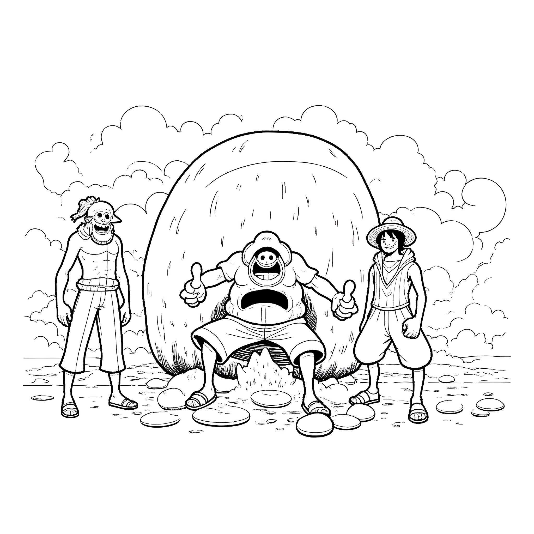 Kaido's Encounter with Luffy and Zoro in the Wano Country Coloring Page (free black-and-white line drawing printable PDF for all, from beginners to advanced learners, including children, teens, adults, and seniors)