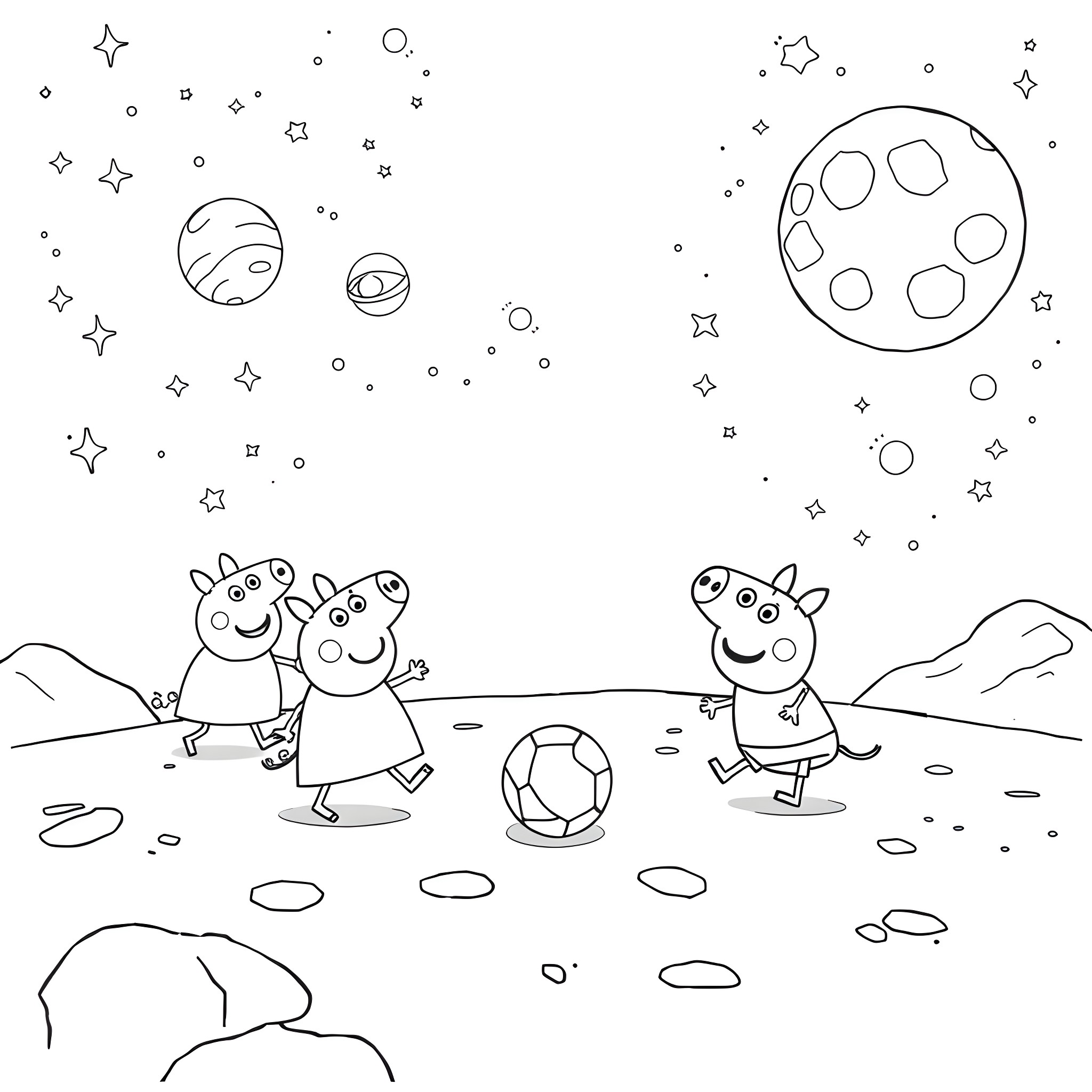 Peppa Pig and friends playing soccer under the starry night sky Coloring Page (free black-and-white line drawing printable PDF for all, from beginners to advanced learners, including children, teens, adults, and seniors)