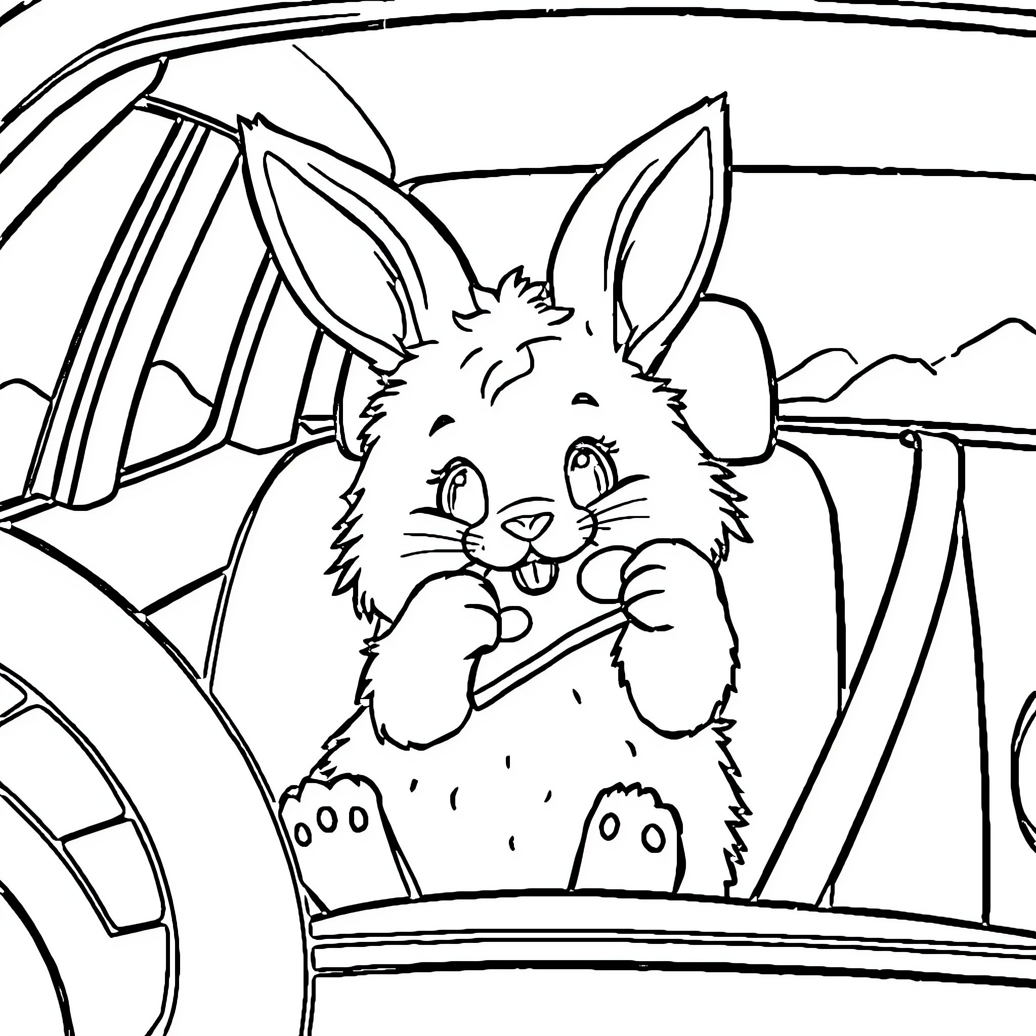 Bunny riding joyfully in a vehicle Coloring Page (free black-and-white line drawing printable PDF for all, from beginners to advanced learners, including children, teens, adults, and seniors)