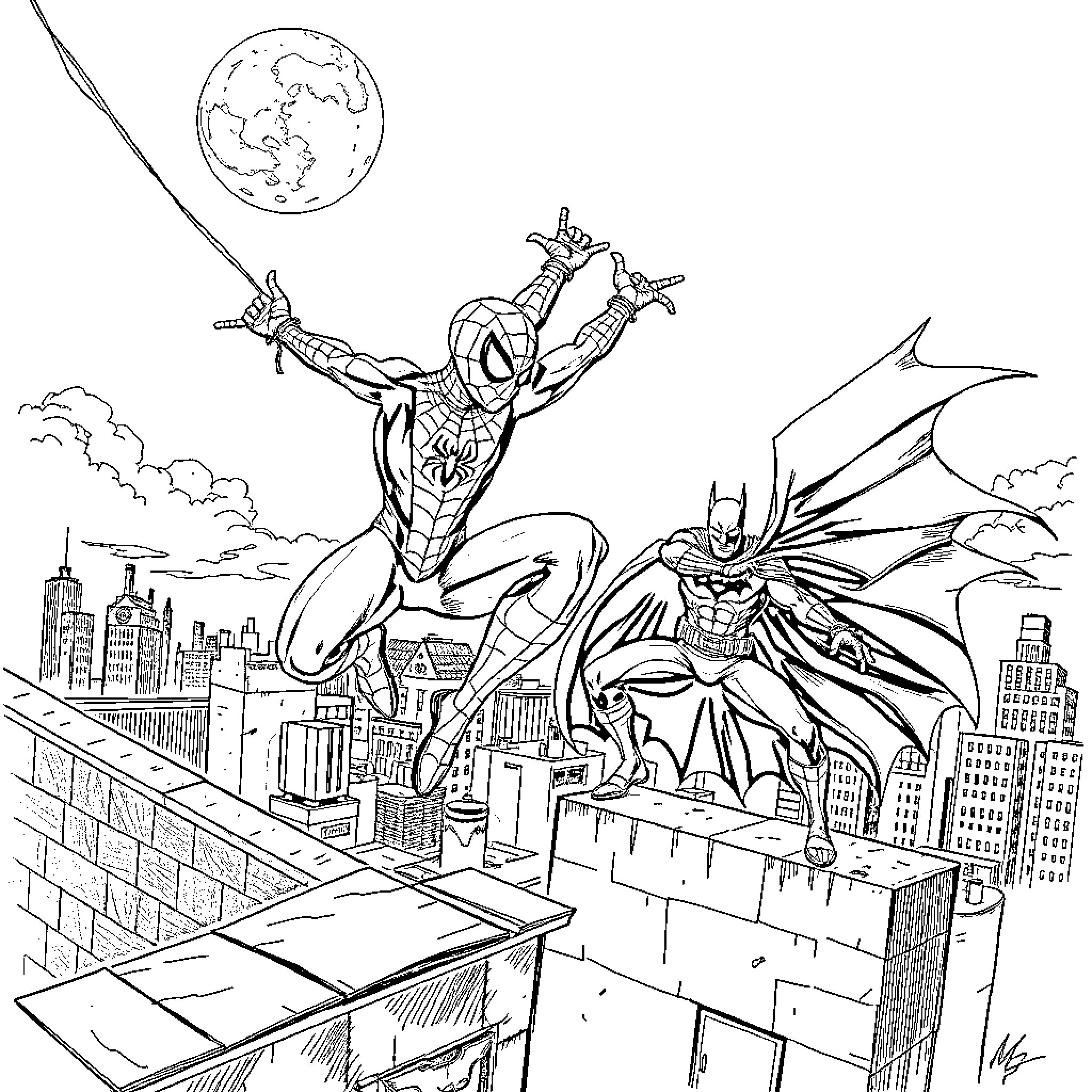 Spiderman and Batman in heroic poses over cityscape Coloring Page (free black-and-white line drawing printable PDF for all, from beginners to advanced learners, including children, teens, adults, and seniors)