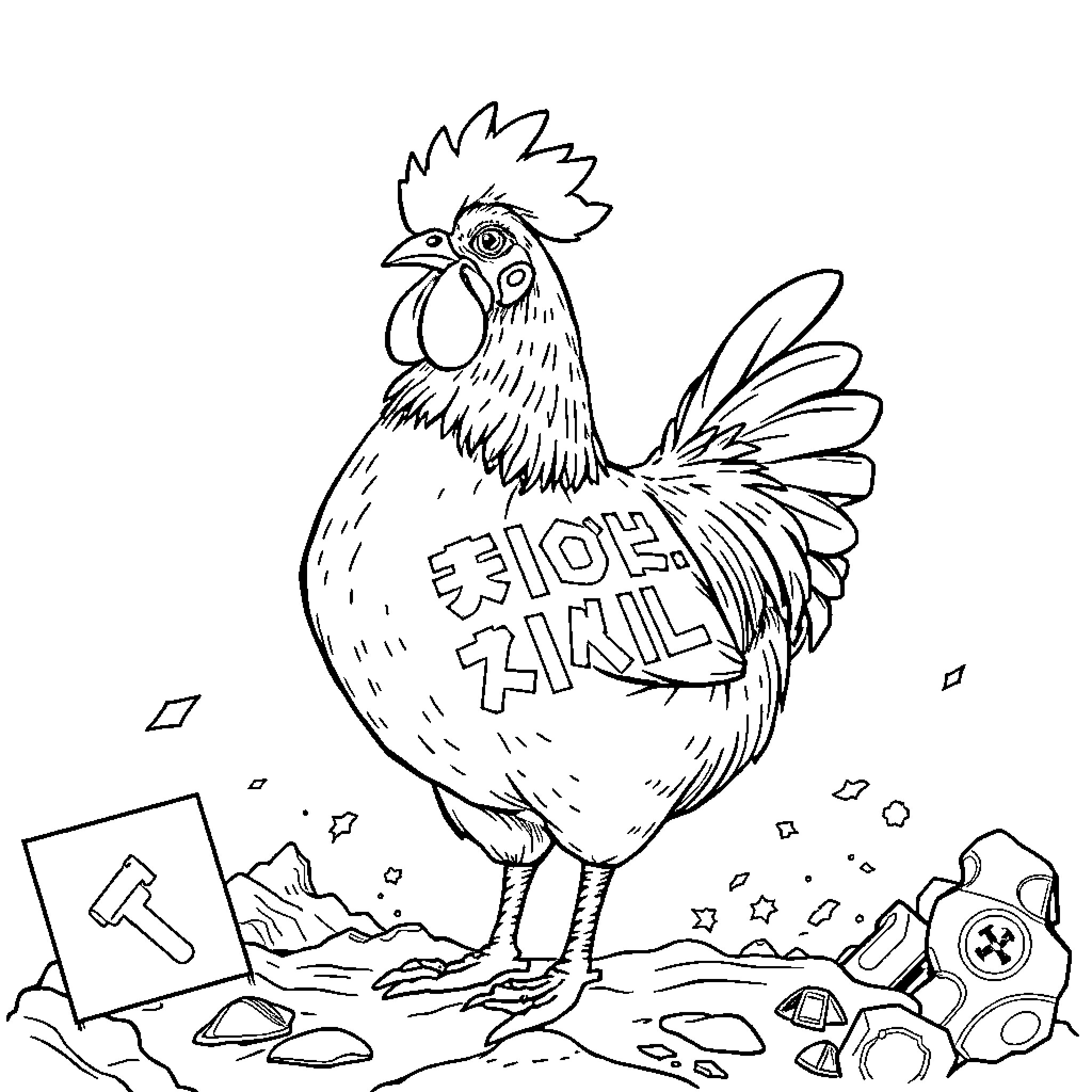 Chicken with strange markings in a cluttered environment Coloring Page (free black-and-white line drawing printable PDF for all, from beginners to advanced learners, including children, teens, adults, and seniors)