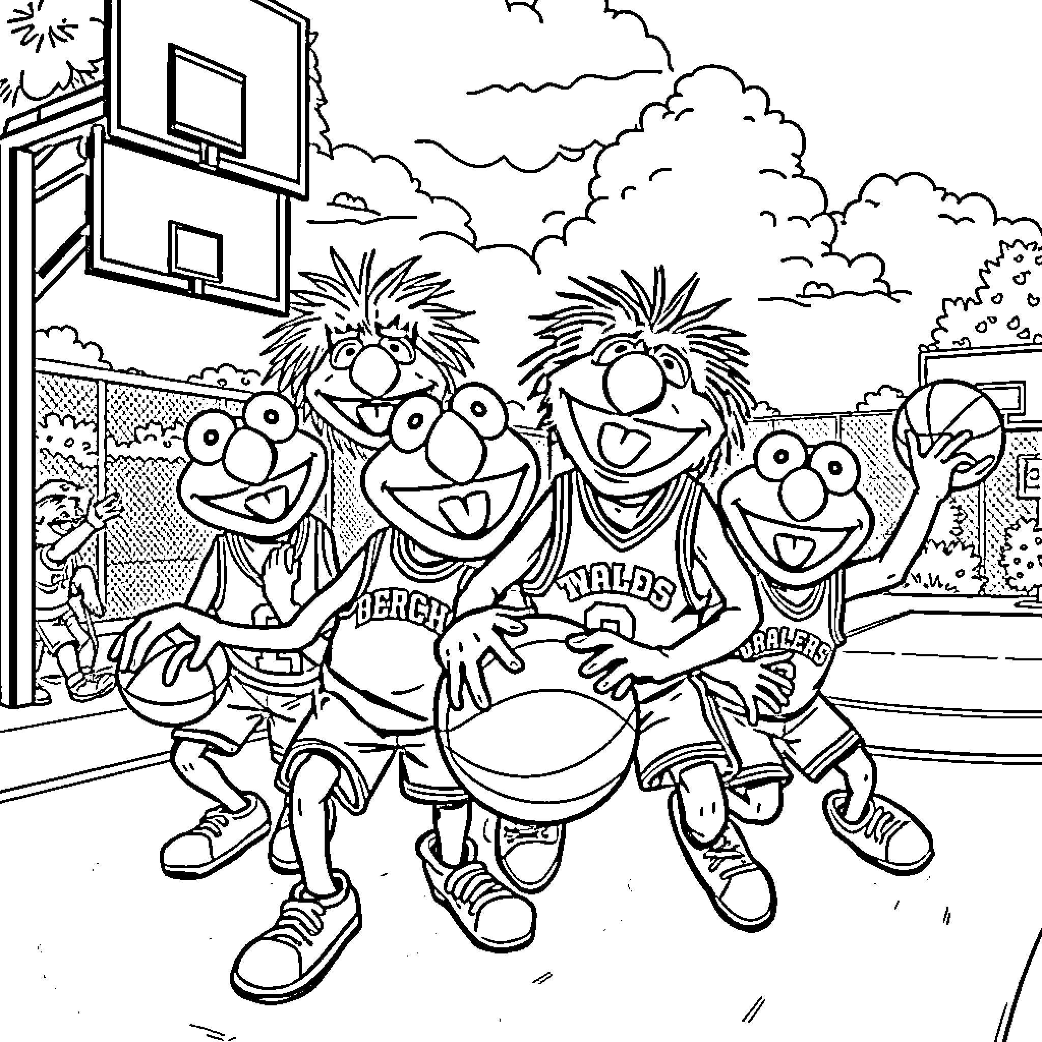 Muppet characters playing basketball on a court Coloring Page (free black-and-white line drawing printable PDF for all, from beginners to advanced learners, including children, teens, adults, and seniors)