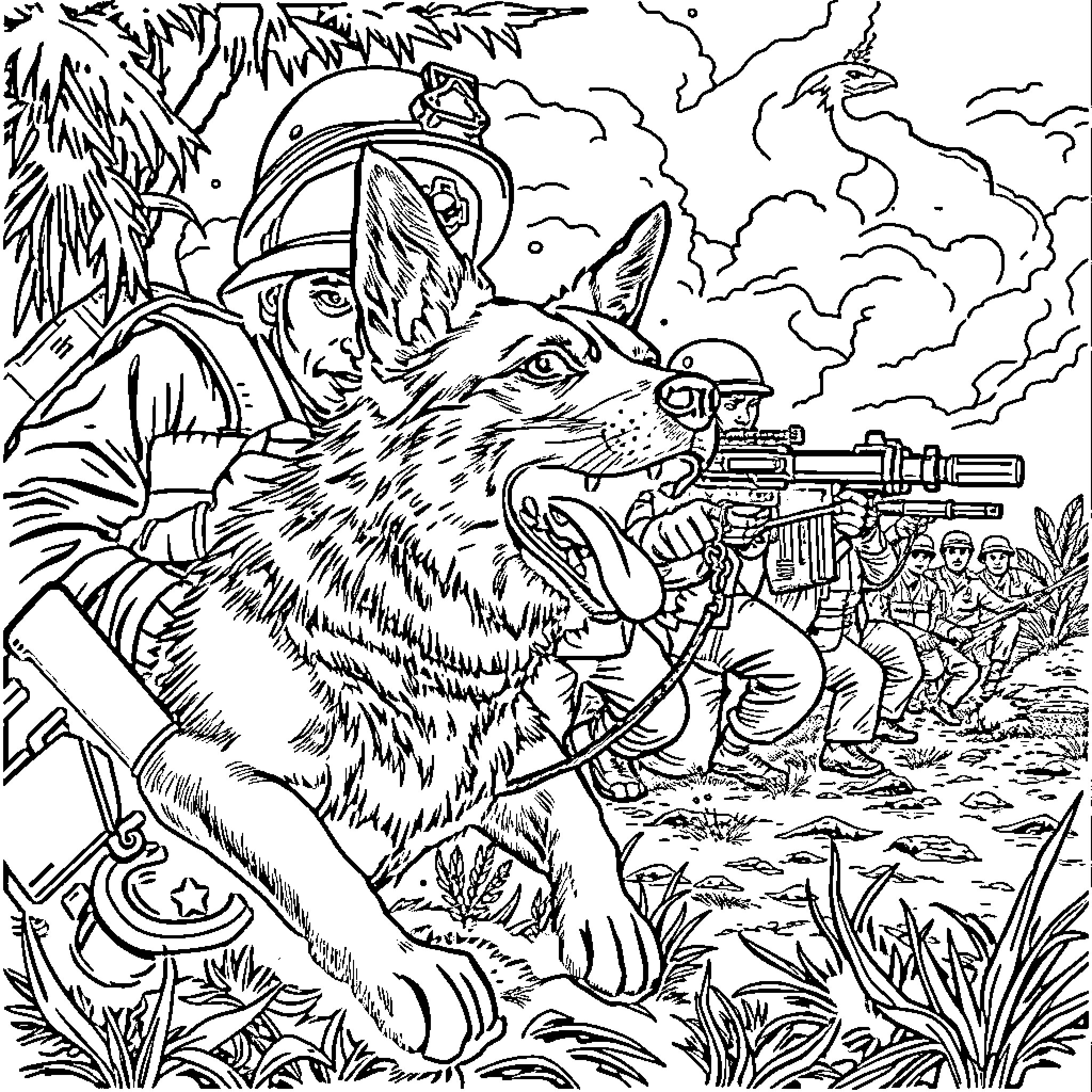 Dog Soldier and Military Squad on the Battlefield Coloring Page (free black-and-white line drawing printable PDF for all, from beginners to advanced learners, including children, teens, adults, and seniors)