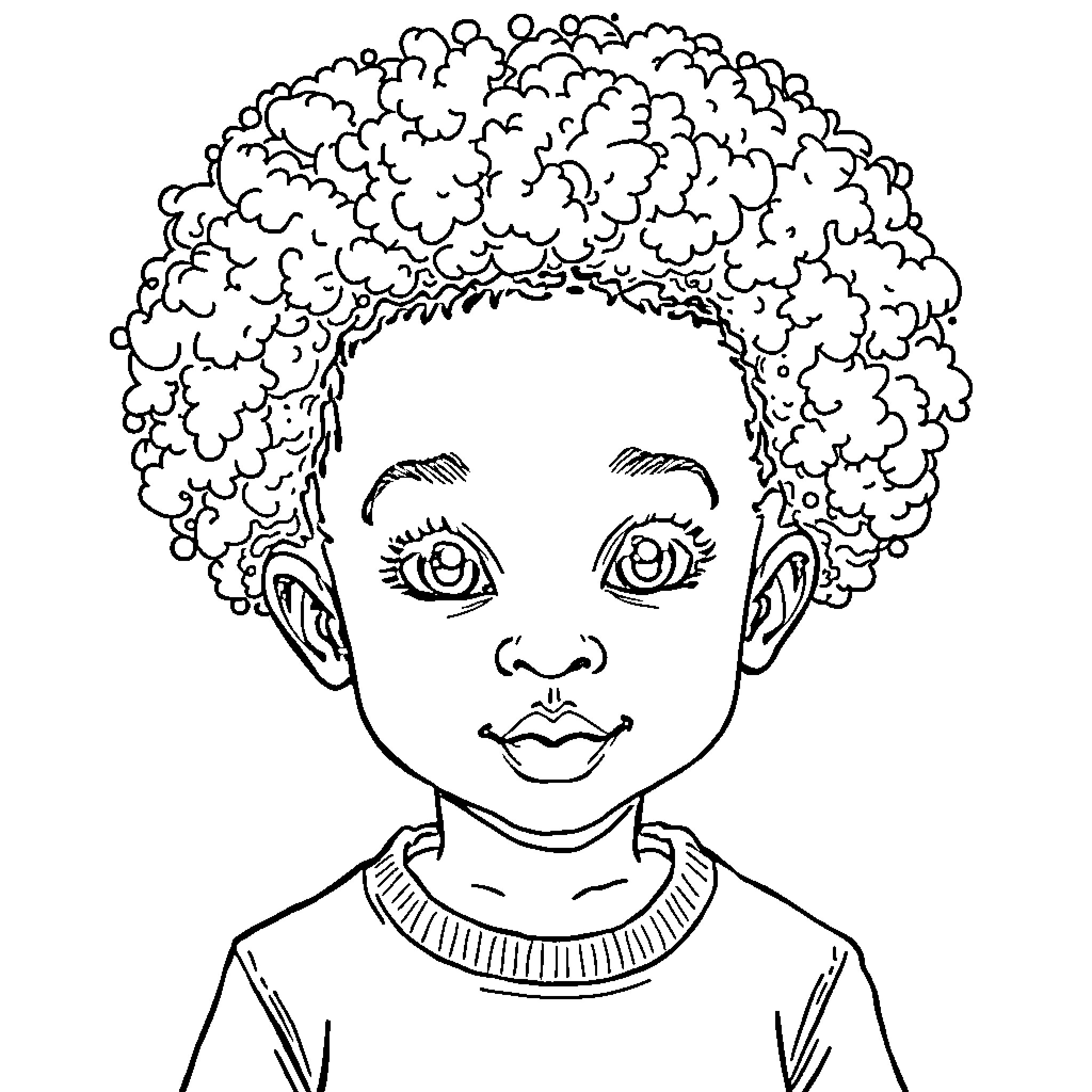 Child with curly hair expressing happiness Coloring Page (free black-and-white line drawing printable PDF for all, from beginners to advanced learners, including children, teens, adults, and seniors)