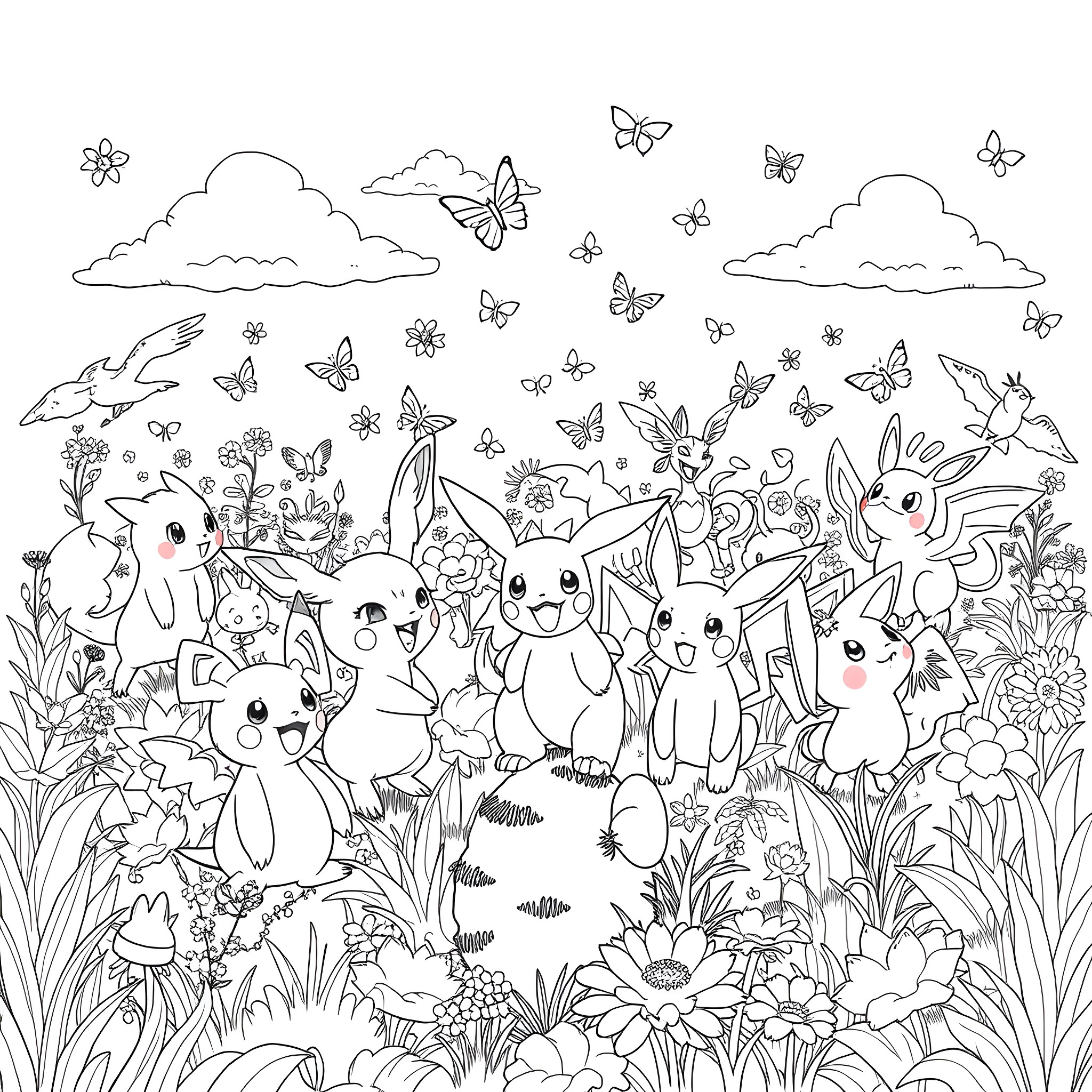Pokémon characters in a natural meadow scene Coloring Page (free black-and-white line drawing printable PDF for all, from beginners to advanced learners, including children, teens, adults, and seniors)