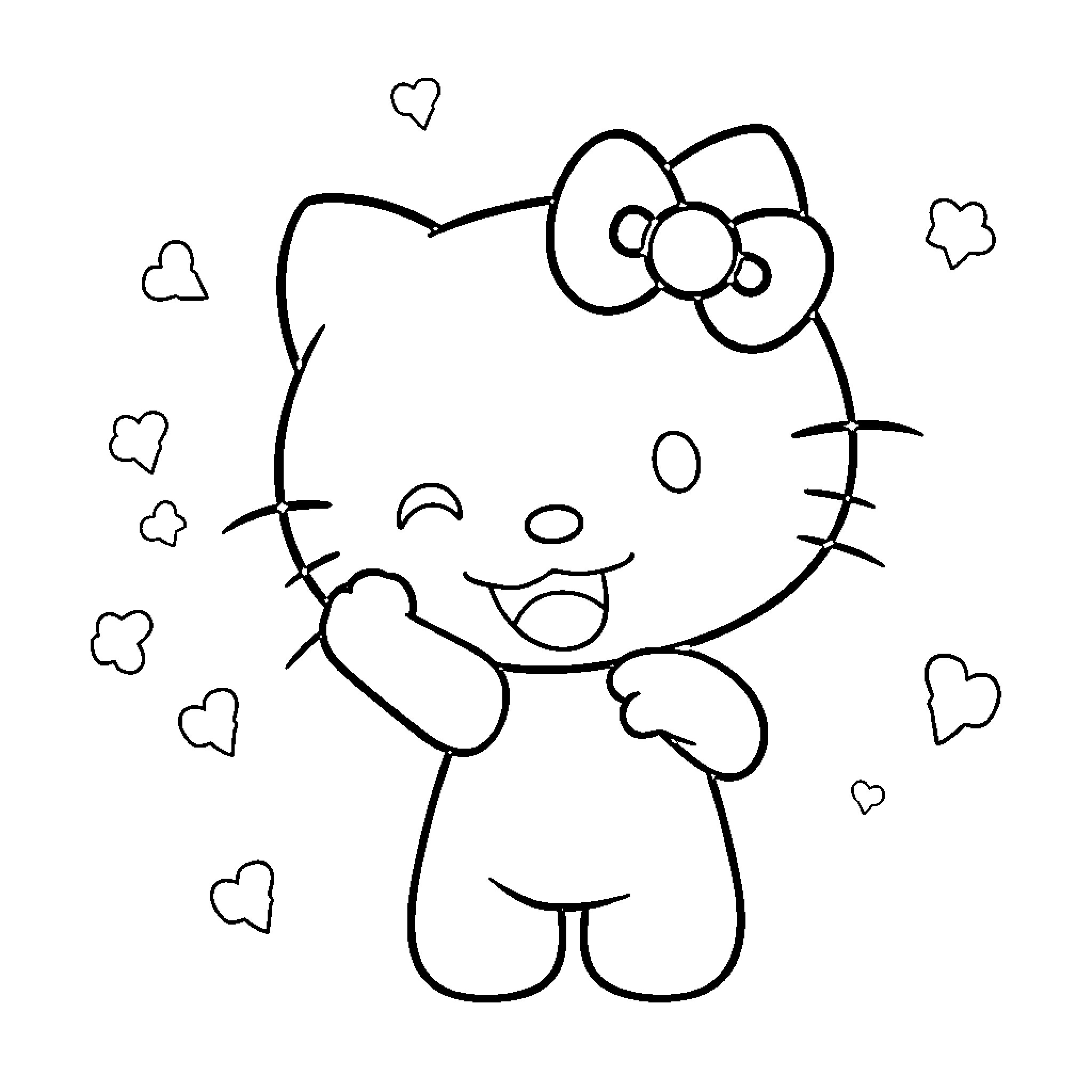 Hello Kitty waving and smiling happily Coloring Page (free black-and-white line drawing printable PDF for all, from beginners to advanced learners, including children, teens, adults, and seniors)