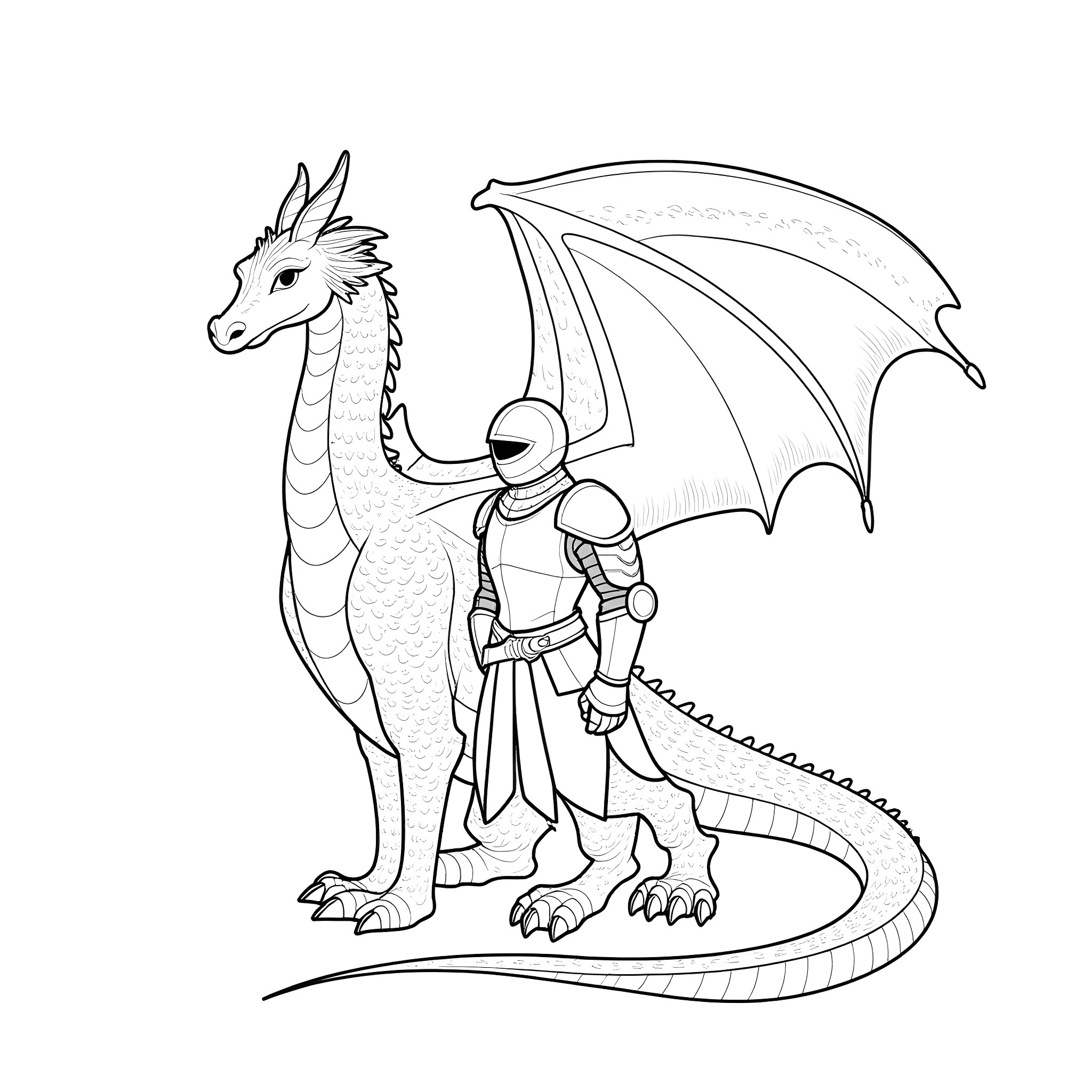 Dragon and brave knight in battle-ready stance Coloring Page (free black-and-white line drawing printable PDF for all, from beginners to advanced learners, including children, teens, adults, and seniors)
