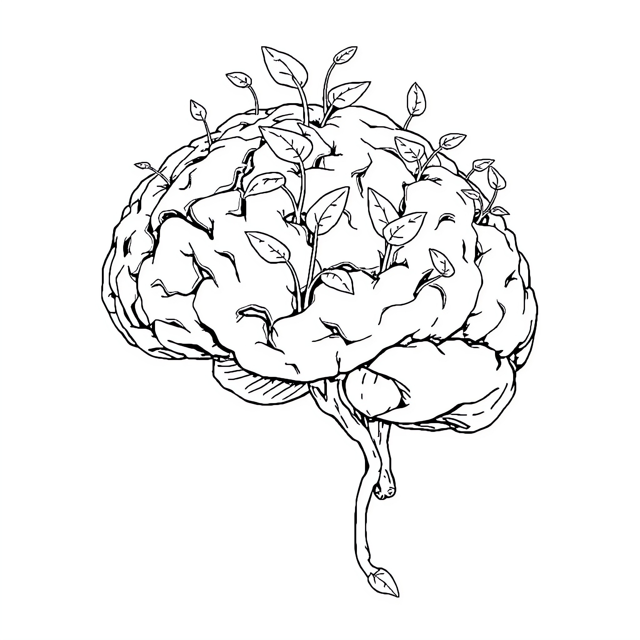Skull Adorned with Lush Vegetation Coloring Page (free black-and-white line drawing printable PDF for all, from beginners to advanced learners, including children, teens, adults, and seniors)