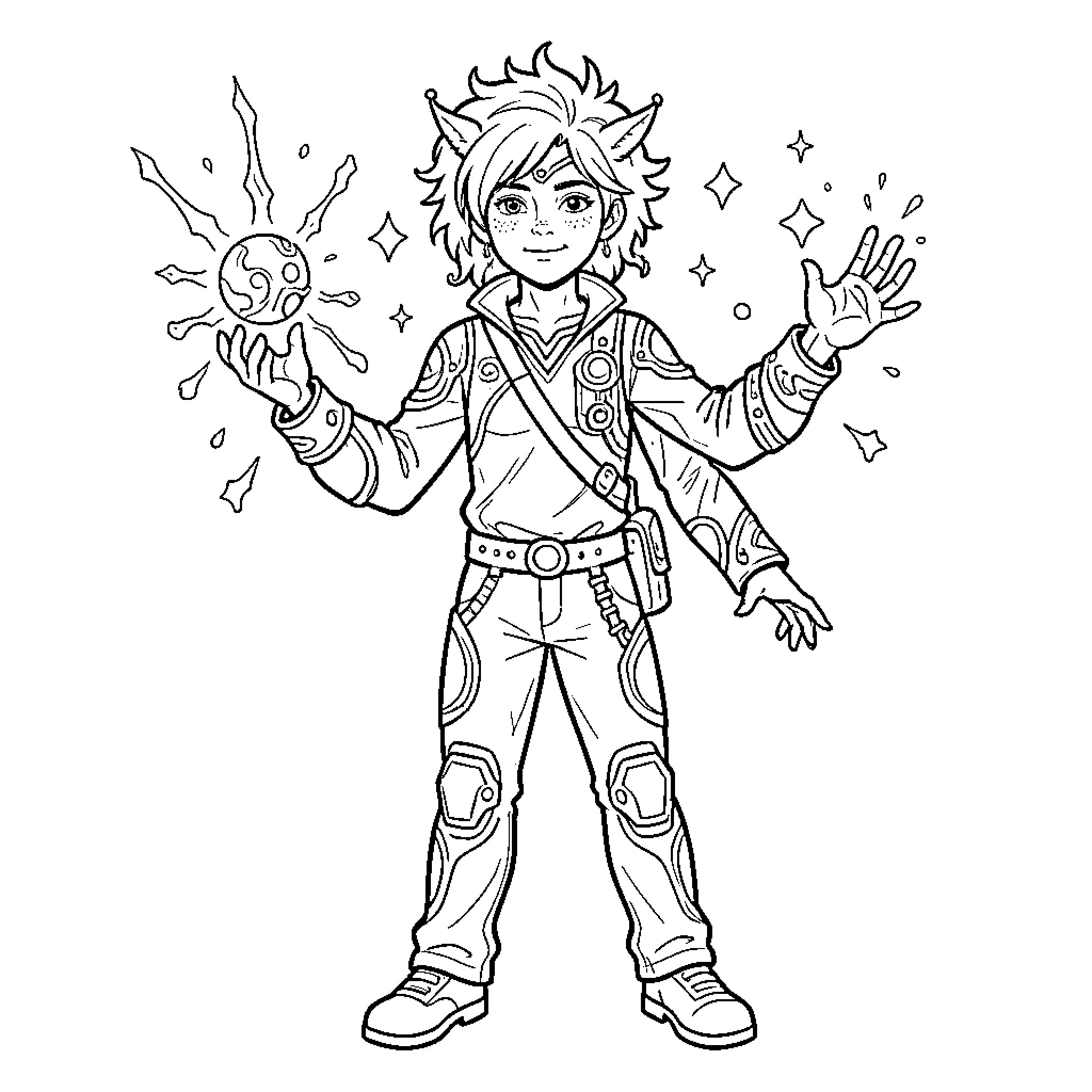 O'rgimchak Odam controlling a magical glowing sphere Coloring Page (free black-and-white line drawing printable PDF for all, from beginners to advanced learners, including children, teens, adults, and seniors)