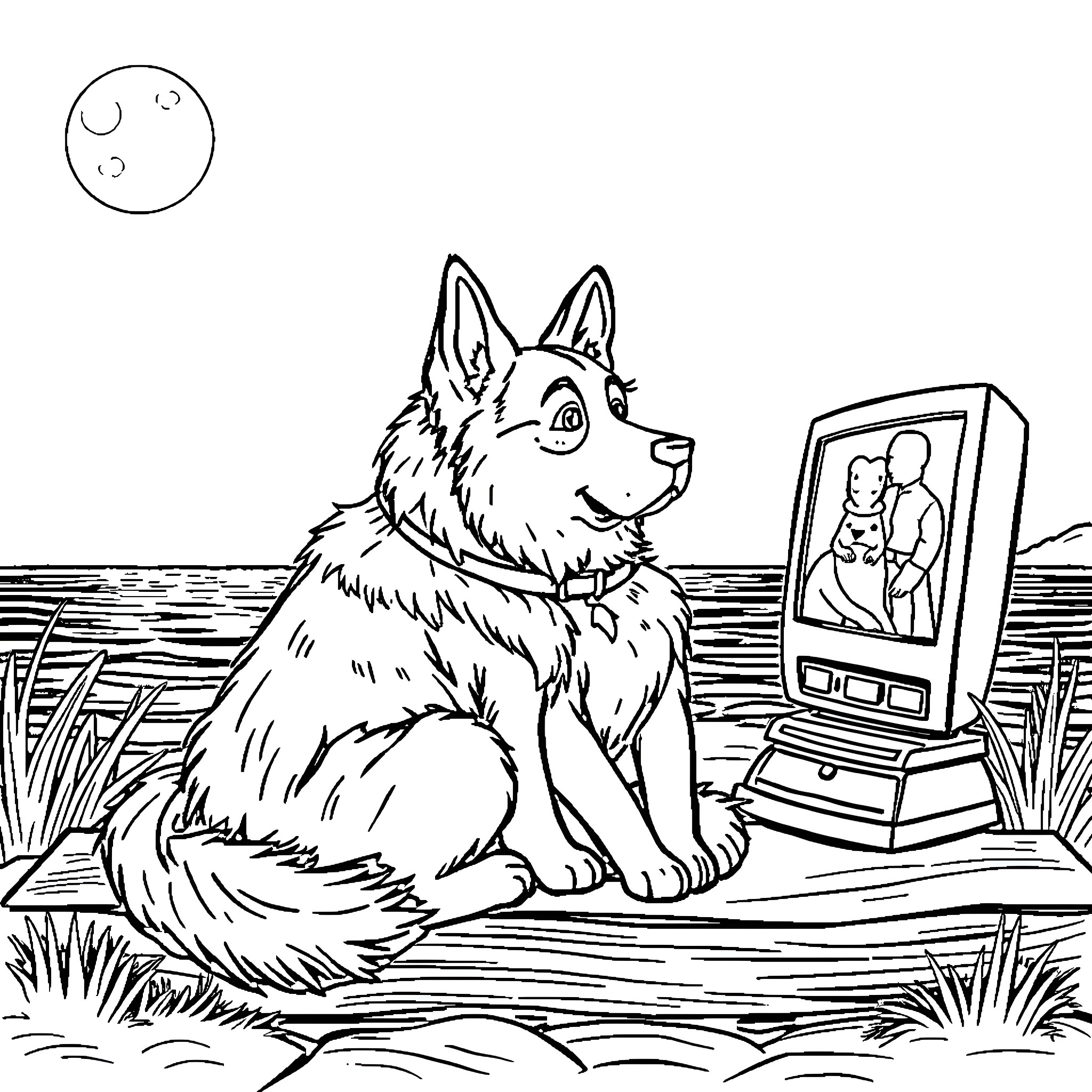 Hond observing a video of humans Coloring Page (free black-and-white line drawing printable PDF for all, from beginners to advanced learners, including children, teens, adults, and seniors)