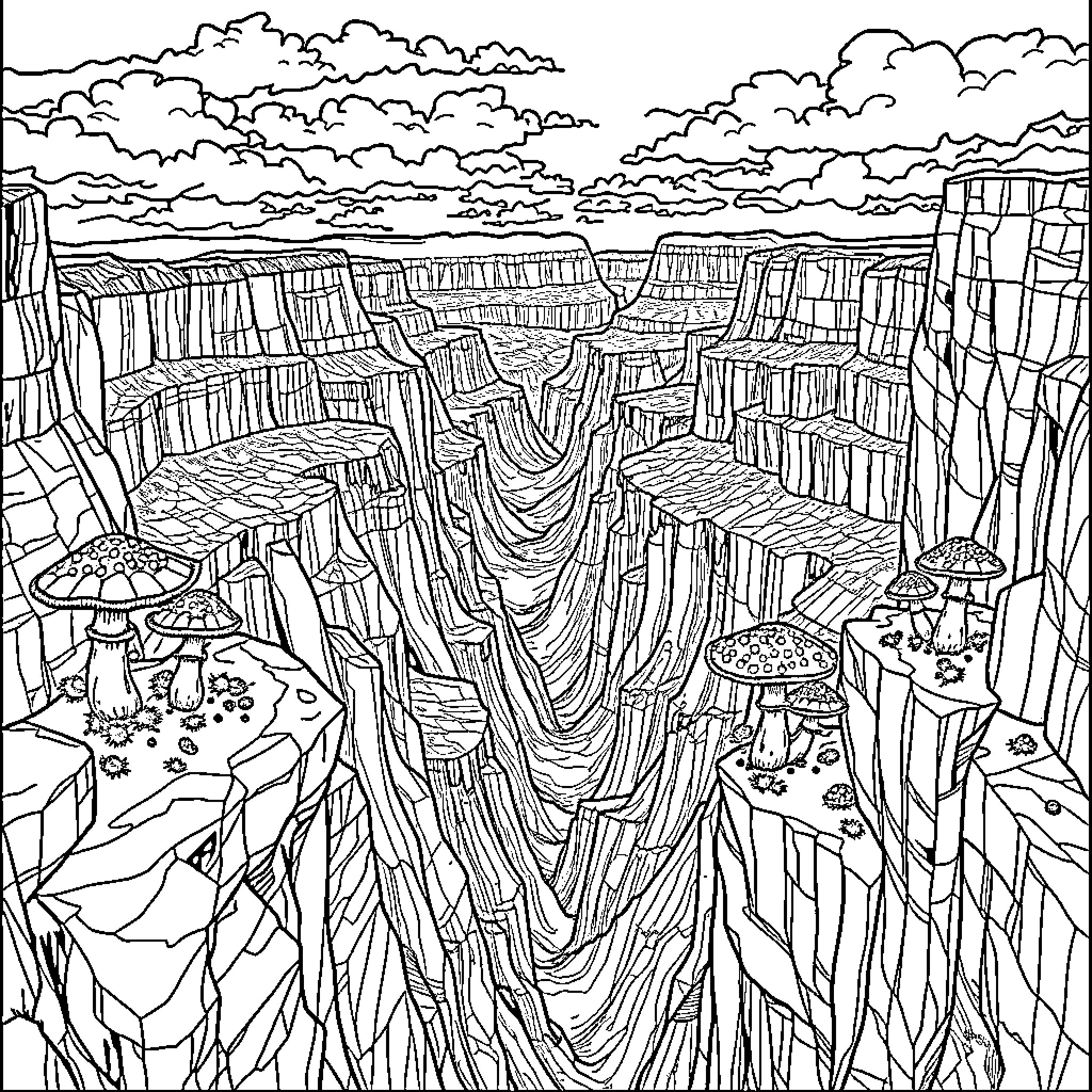 Grand Canyon landscape with dramatic rock formations Coloring Page (free black-and-white line drawing printable PDF for all, from beginners to advanced learners, including children, teens, adults, and seniors)