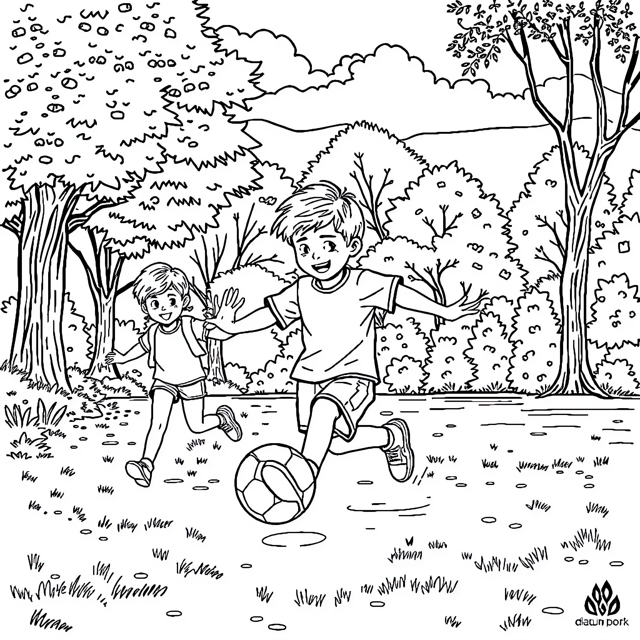 Enfant jouant joyeusement au ballon dans le parc Coloring Page (free black-and-white line drawing printable PDF for all, from beginners to advanced learners, including children, teens, adults, and seniors)