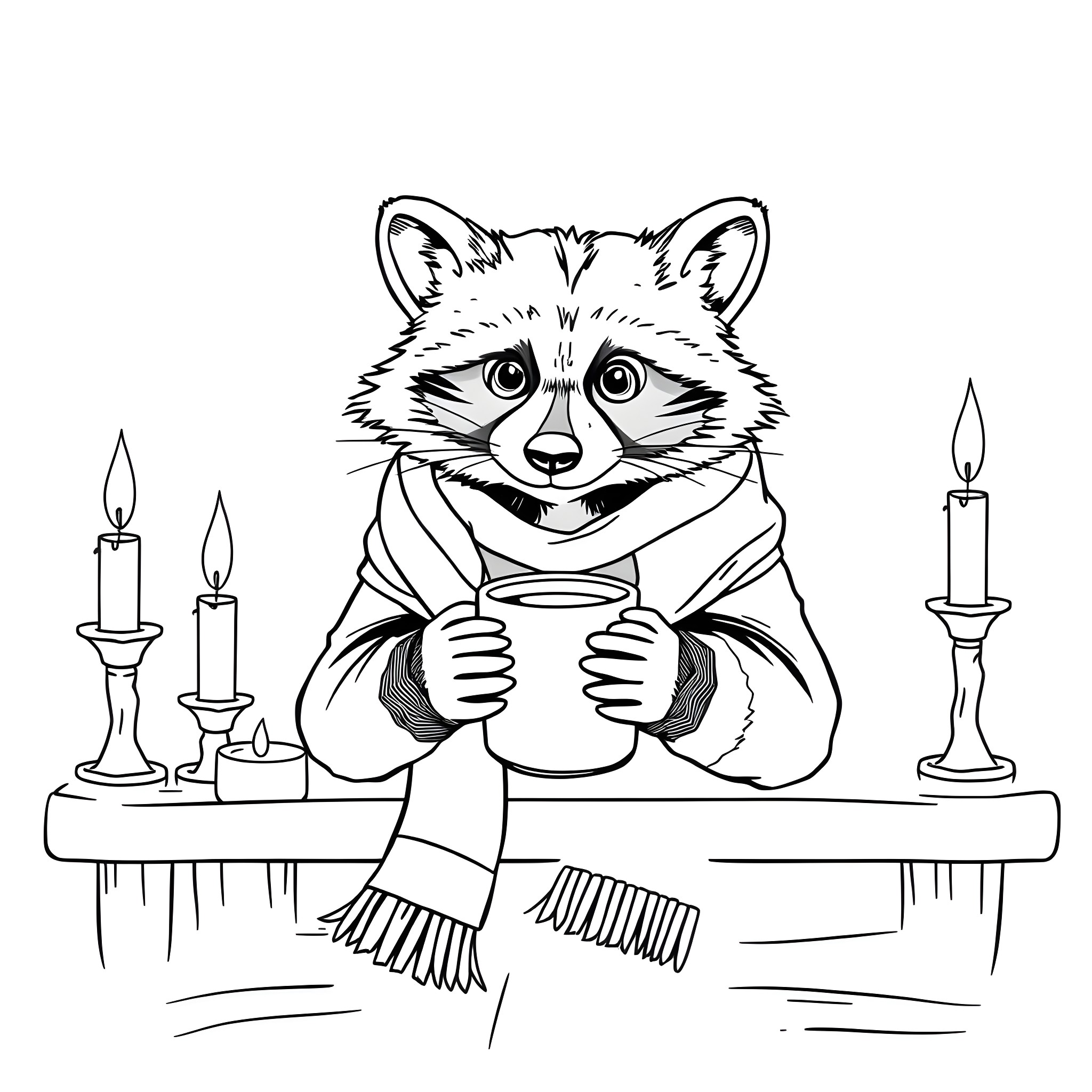 Raccoon enjoying a warm drink by the fireplace Coloring Page (free black-and-white line drawing printable PDF for all, from beginners to advanced learners, including children, teens, adults, and seniors)
